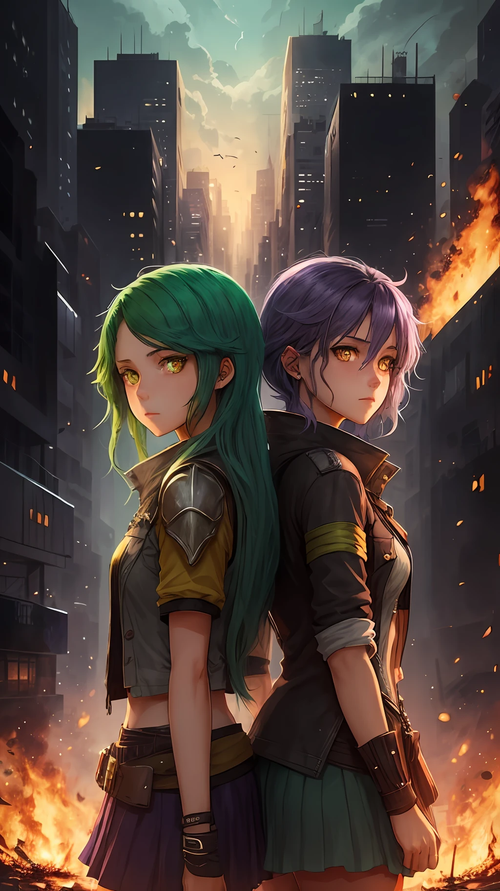 An RPG-style girl with green hair and yellow eyes, and another girl with purple hair in green eyes. They have their backs to each other, in the background there is a city on fire --auto