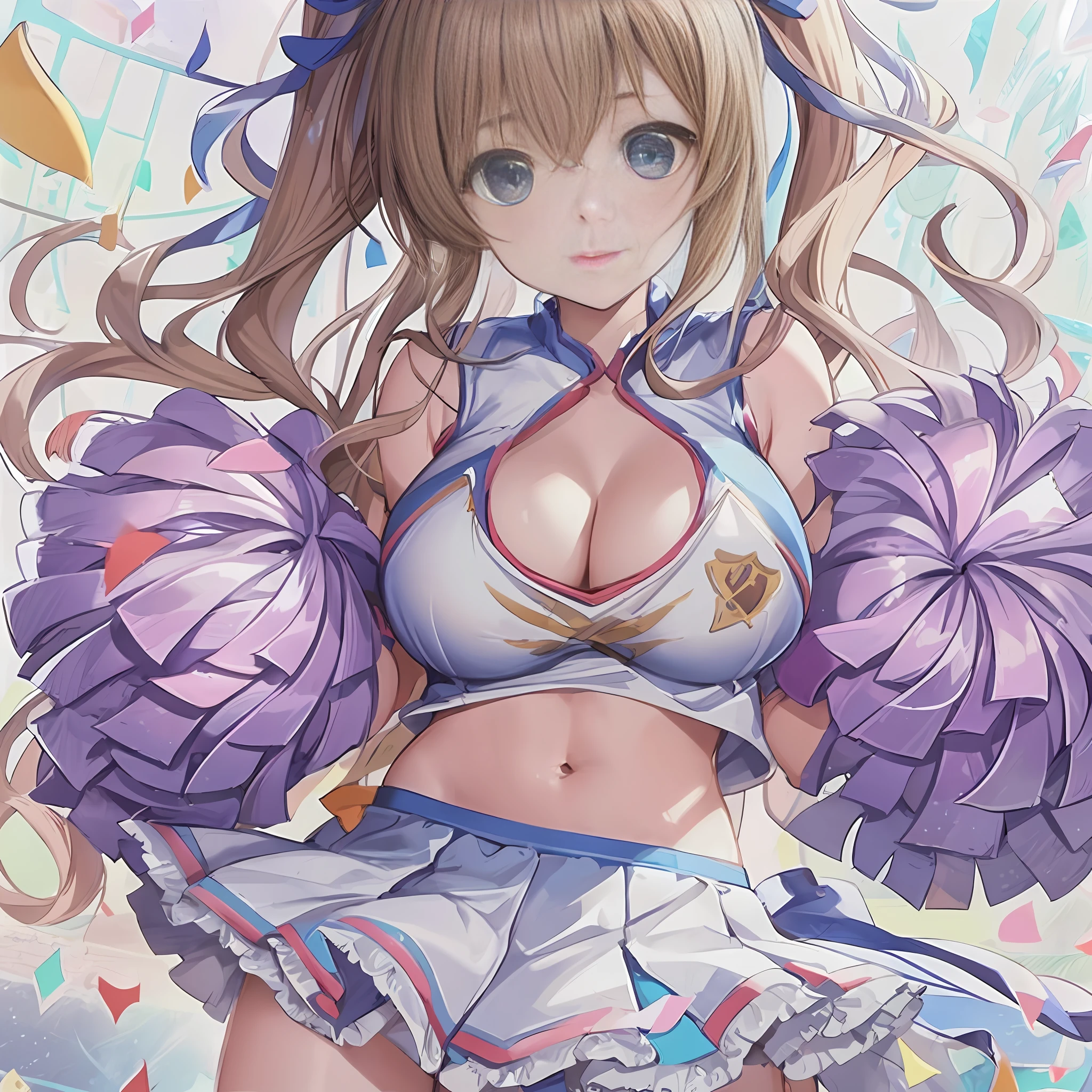 a close up of a woman in a cheerleader outfit holding pom poms, splash art anime , seductive anime girl, clean detailed anime art, anime moe artstyle, anime! 4 k, anime! 4k, high detailed official artwork, (anime girl), small curvy lolitailed anime artwork, fluffy chest, anime style 4 k, shikishi