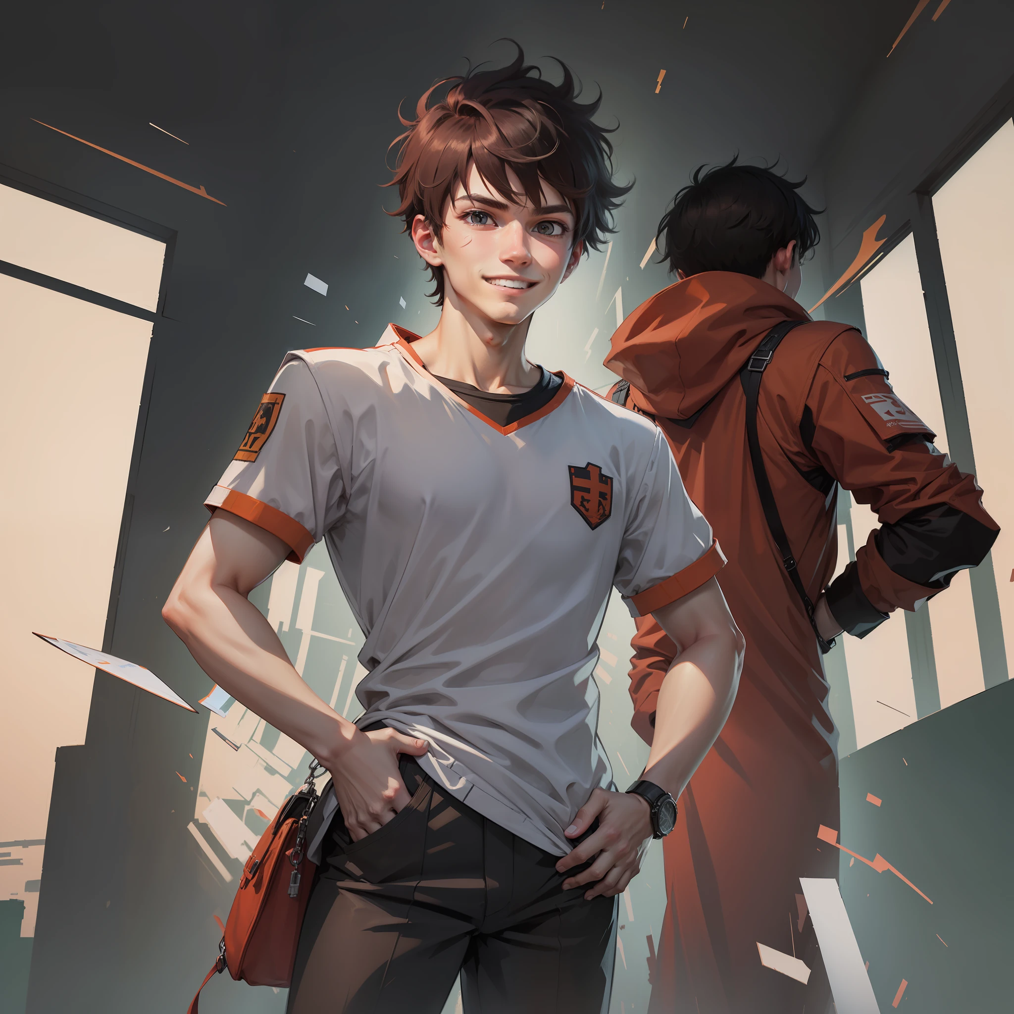 1male, standing, looking away, hands on hips, confident smile, closed mouth, grin, from below, from side, dutch angle, backlit,