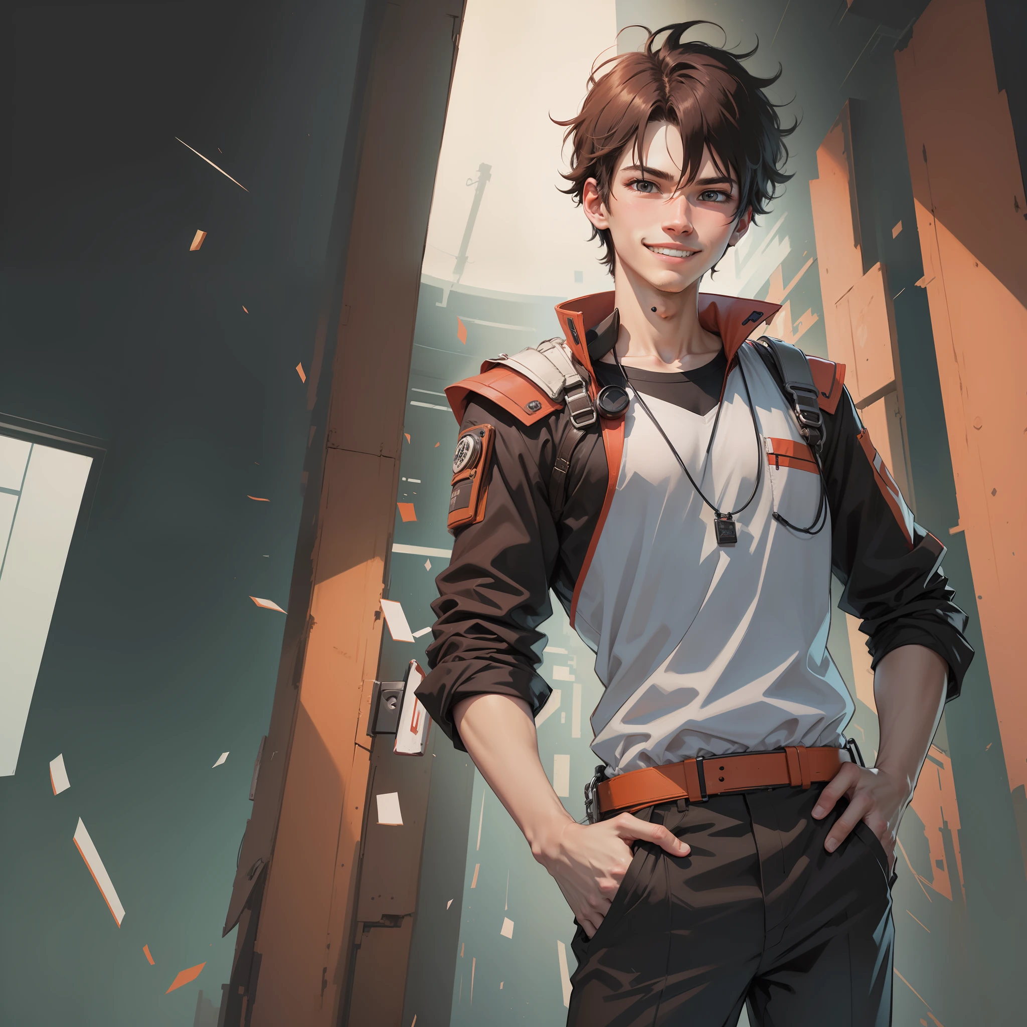 1male, standing, looking away, hands on hips, confident smile, closed mouth, grin, from below, from side, dutch angle, backlit,