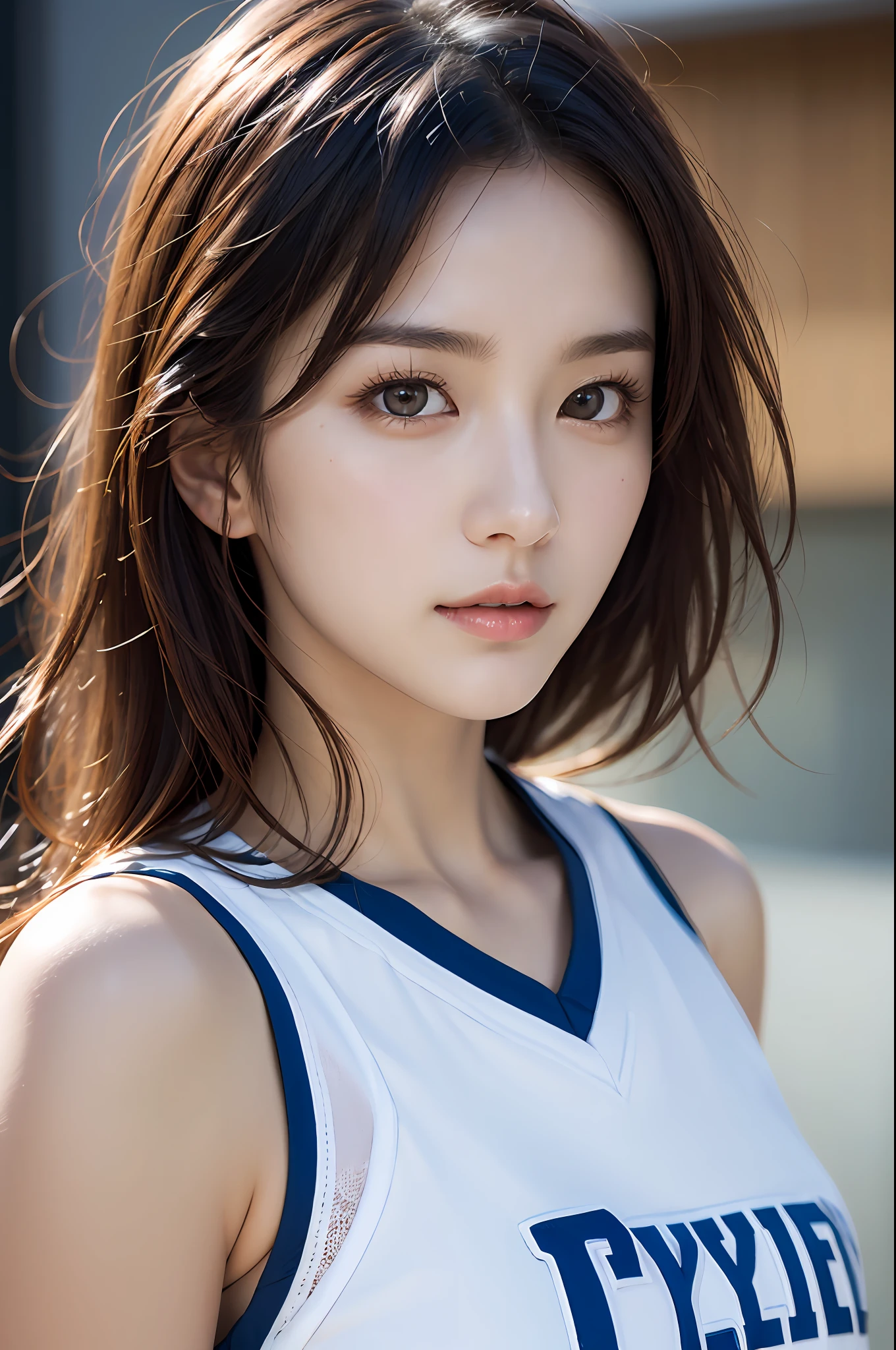 clothed、(photo real:1.4)、(Hyperrealistic:1.4)、(Realstic:1.3)、
(Smoother lighting:1.05)、(improved movie lighting quality:0.9)、32 k、
1GIRL、20 years old girl、Realistic Lighting、Backlit、Facial light、Ray Trace、(Brightening light:1.2)、(Increase quality:1.4)、
(Top Quality Real Texture Skin)、Fine eyes、finerly detailed face、
(Tired, sleepy and satisfied:0.0)、closeup on face、basketball uniform:1.3、
(Bodyline mood improvement:1.1)、Glossy skin、actress、korean idol、Nogizaka Idol、hposing Gravure Idol、Beautiful actress、Neat and clean woman、