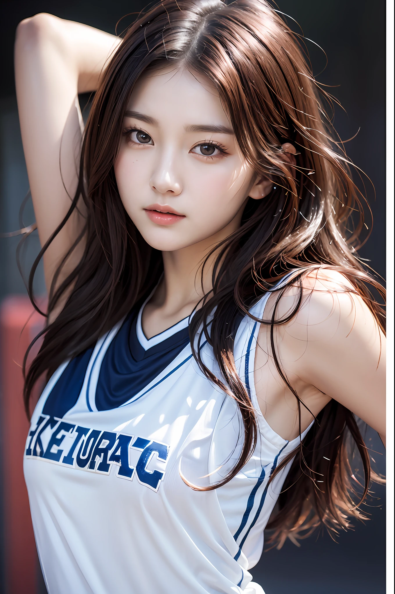 clothed、(photo real:1.4)、(Hyperrealistic:1.4)、(Realstic:1.3)、
(Smoother lighting:1.05)、(improved movie lighting quality:0.9)、32 k、
1GIRL、20 years old girl、Realistic Lighting、Backlit、Facial light、Ray Trace、(Brightening light:1.2)、(Increase quality:1.4)、
(Top Quality Real Texture Skin)、Fine eyes、finerly detailed face、
(Tired, sleepy and satisfied:0.0)、closeup on face、basketball uniform:1.3、
(Bodyline mood improvement:1.1)、Glossy skin、actress、korean idol、Nogizaka Idol、hposing Gravure Idol、Beautiful actress、Neat and clean woman、