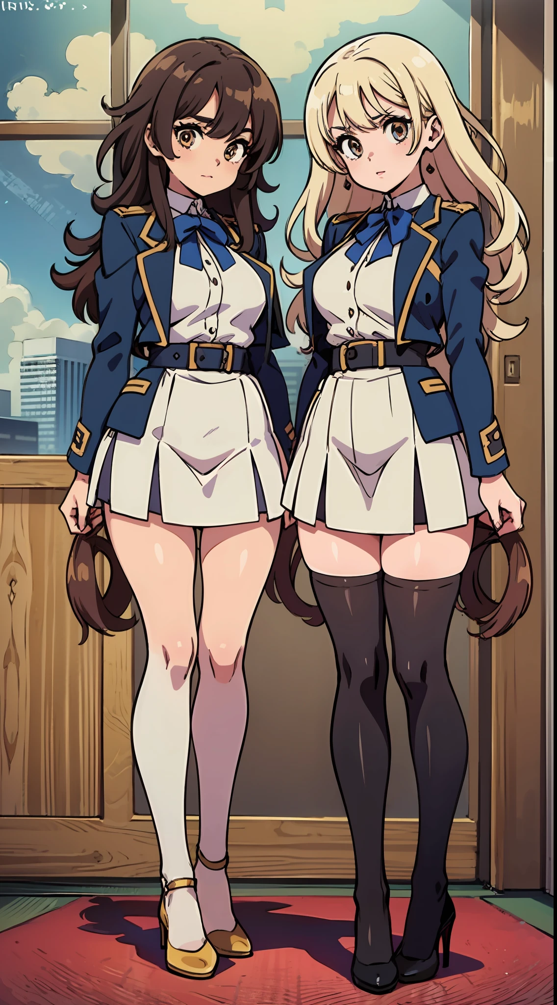 an anime style picture of the two fraternal twin sisters in the short skirts and white thigh high socks and high heels, 2girls, twins, hazel eyes, brown curly hair, blonde curly hair, ((1 blonde girl, 1 brown haired girl)), duo, gray blazer, gray skirt, black high heels, uniform, highly detailed face, perfect feet, portrait, full body, matching outfits, matching hairstyles