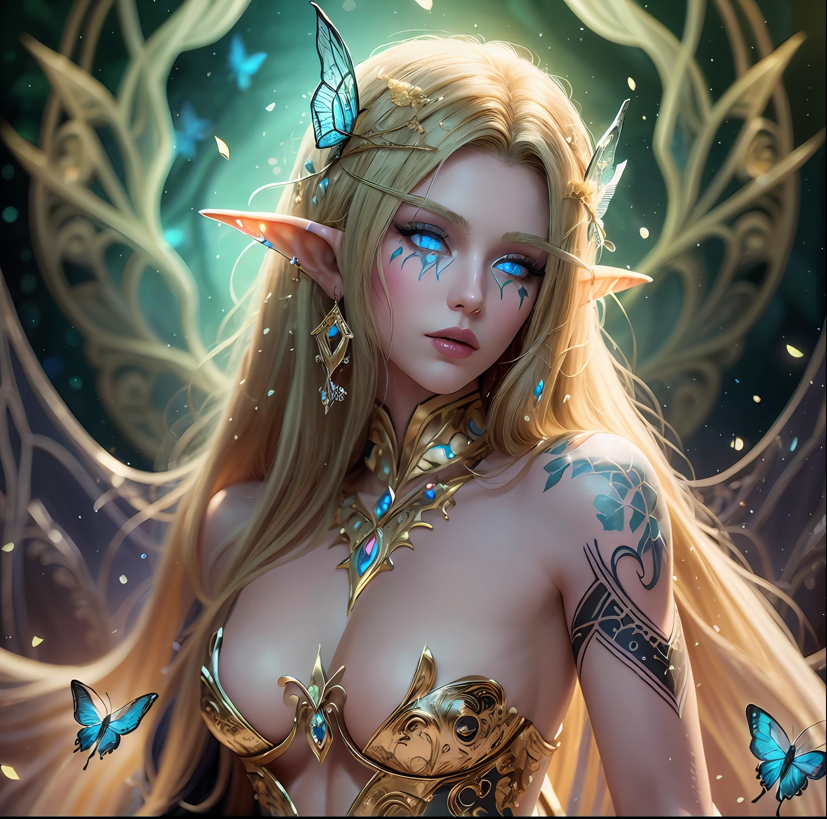 beautiful elf, fantasy style, blue eyes,hero pose, beautiful tattoo on your body,((intricate details)), hdr, Dramatic type,magic, long blonde hair, armor covering parts of your body in white and gold details, black forest background, magic, fairies, and neon yellow butterflies