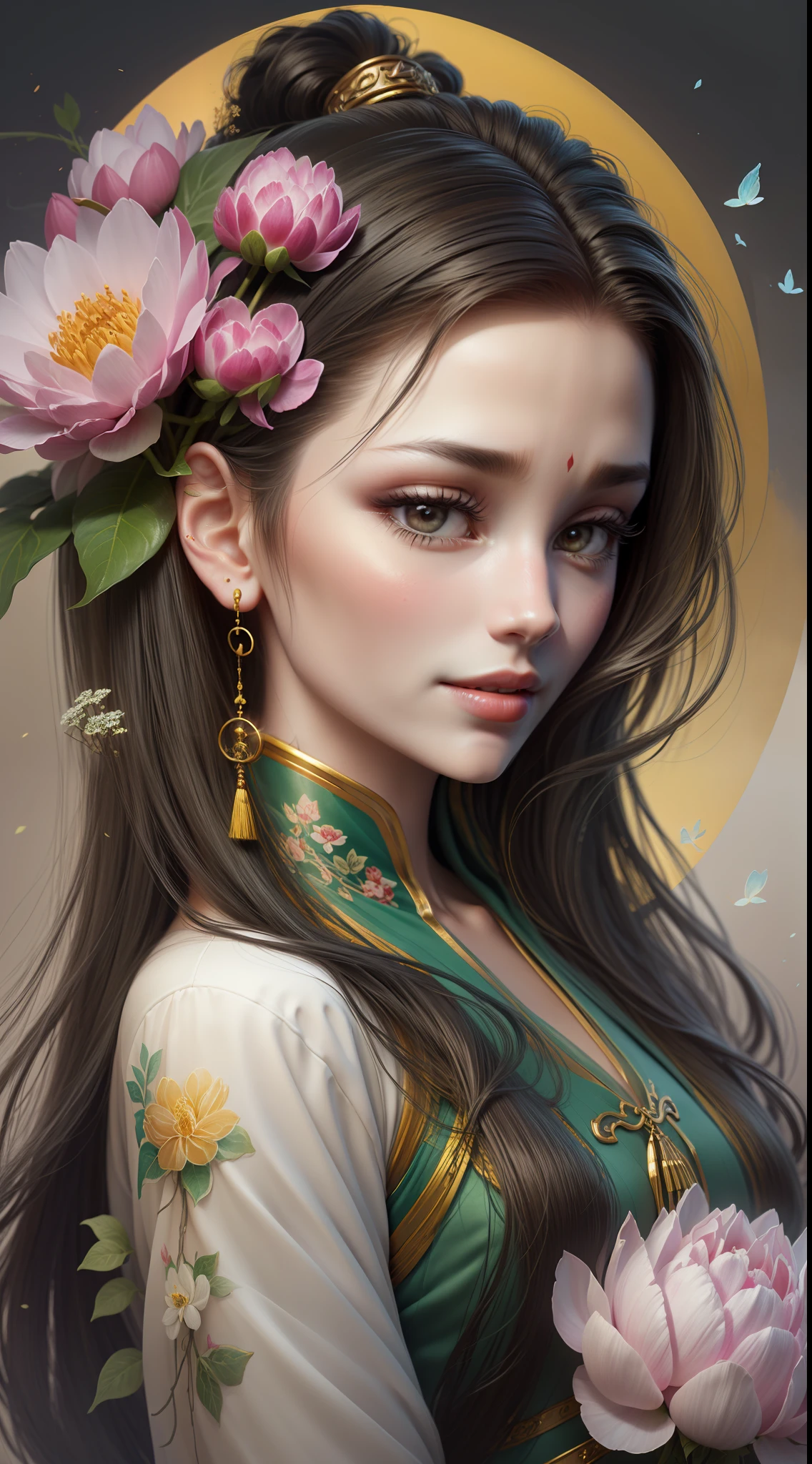 Watercolor, watercolor style, ink, legend, peony flower, foreground, peony flower middle view, peony flower vista, ancient Chinese Hanfu beauty standing in the sea of flowers smiling, melon seed face, willow leaf eyebrows, cherry small mouth, gentle atmosphere, close-up, perfect facial features, delicate facial portrayal, master works, flower depiction detailed, super fine, high quality, high resolution, perfect composition,