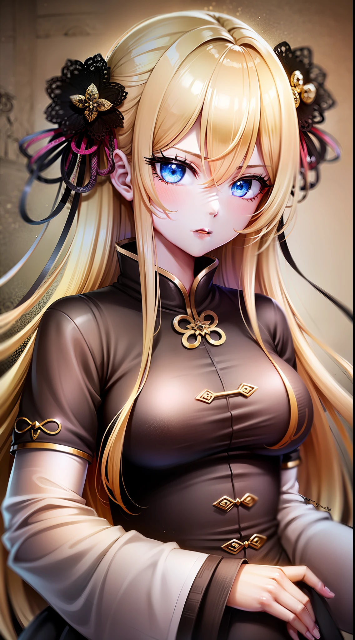 Adult girl, long blonde hair with white strands, blue eyes, black Chinese clothes, serious look, masterpiece, high quality