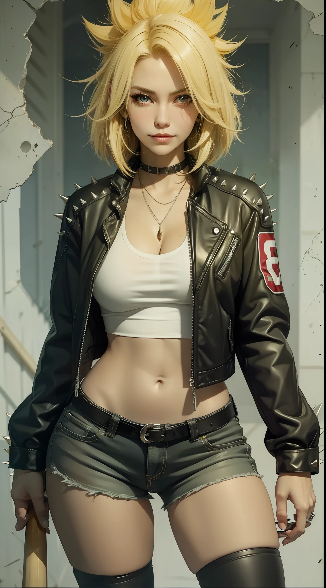 mature female biker, see-through, gyaru, blonde hair, red eyes, smirk, baseball bat, spiked hair, gateway