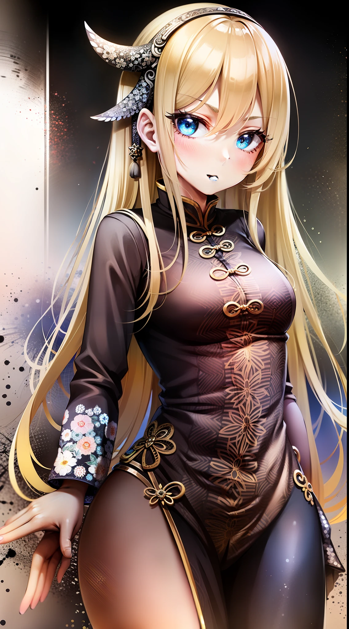 Adult girl, long blonde hair with white strands, blue eyes, black Chinese clothes, serious look, masterpiece, high quality