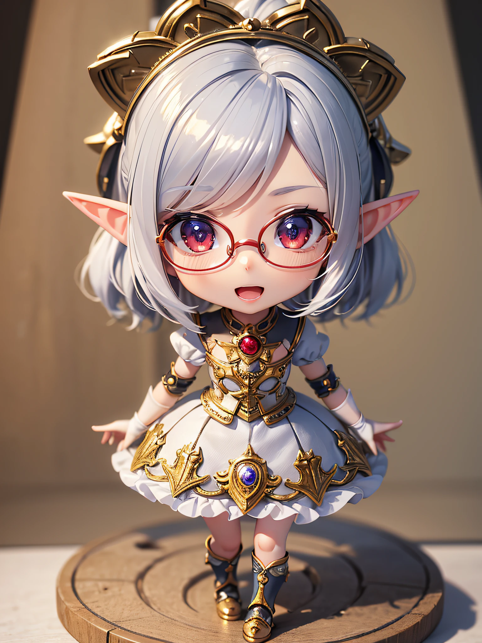 ((masterpiece)), ((best quality)), (ultra-detailed), ((an extremely delicate and beautiful)), perfect anatomy, cute, illustration, ((elf)), yo, a cute girl, 1girl, solo, ((flat chest)), ((thin thighs)), beautiful silver hair, short hair, messy hair, ponytail, beautiful red eyes, upturned eyes, red glasses, hair ornament, smile, open mouth, looking at viewer, Front view, (3d model, figure, character doll), ((chibi style)), nendroid, ((full body)), Symmetry,