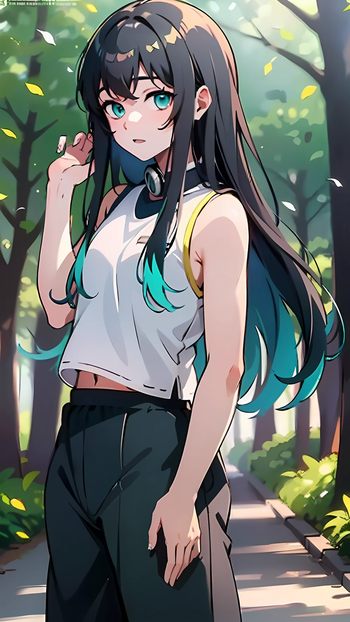 (masterpiece) (best quality) (shiny hair) (shiny skin), Best Quality, (1boy:1), Solo, Long hair, Show Viewer, Bangs, Black hair, Aqua Eyes, Multicolored hair, Tokito_Muichirou, Male focus, Athletic clothes, Shed, Forest, headphones, Boys, No breasts, 5 years old, Long pants, Pants,