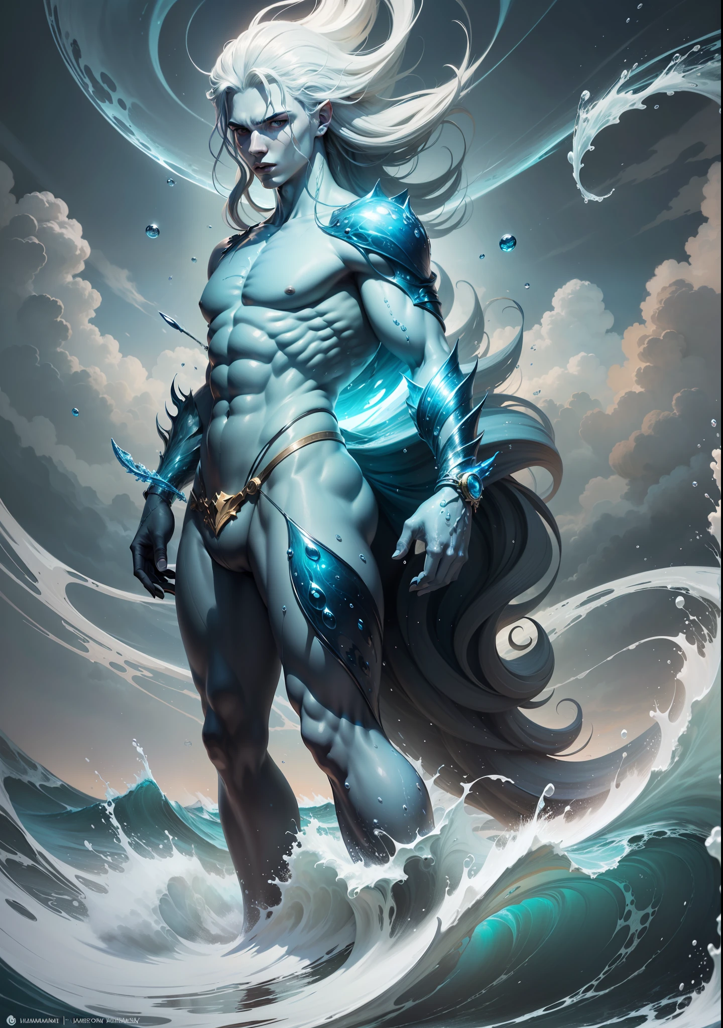 4k realism, (water element, humanoid body made of water: 1.2) sapphire aesthetic, full body, sky background, fantasy art, made of water, body of water, monster, male, male element, masculine, double exposure of otherworldly seascape, fused with the image of Neptune's trident piercing the surface of the water, creating dramatic energy and waves, palatial figures of gods towering in the background, evoking a sense of power and control over the power of the sea, illustrations, digital art