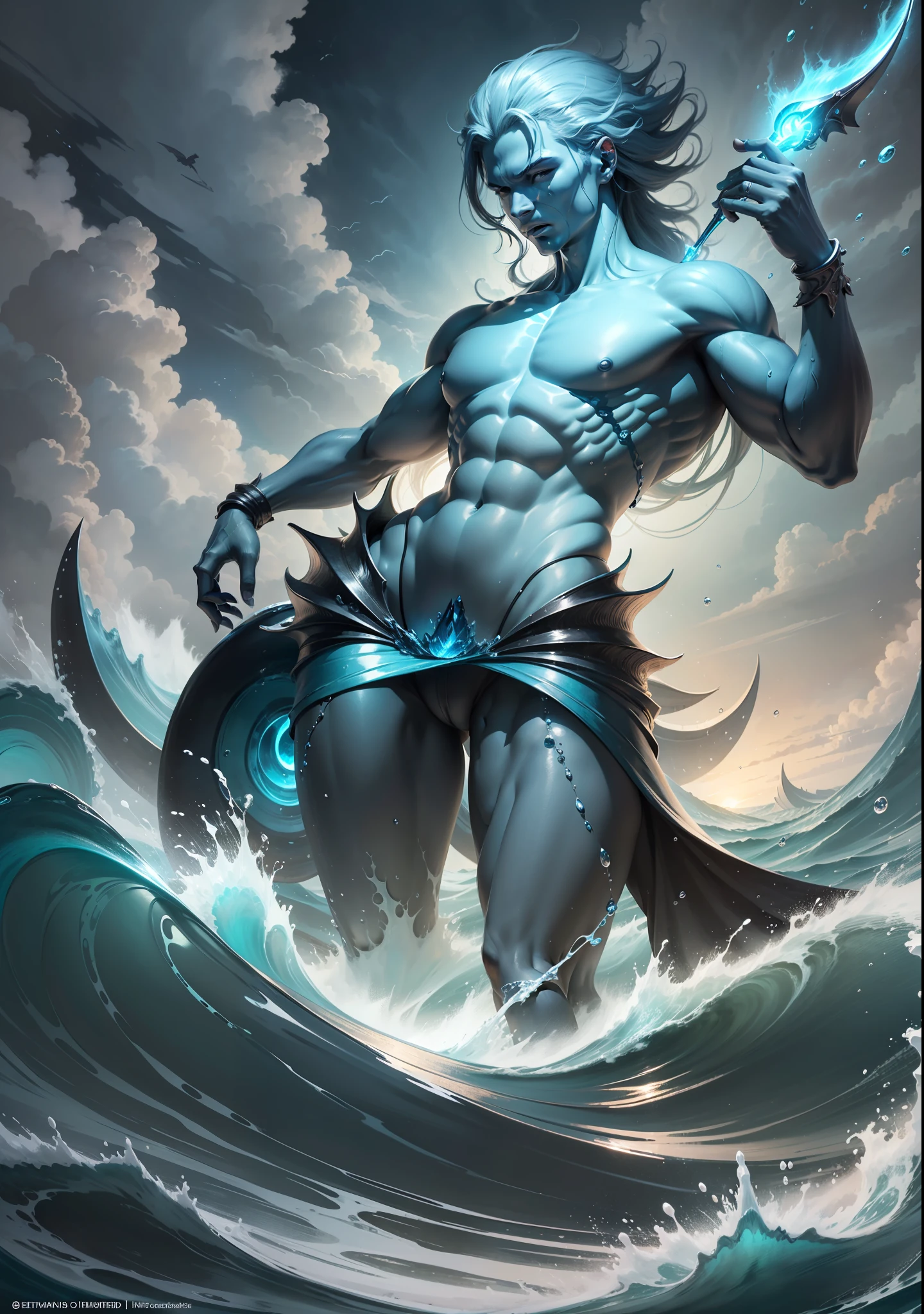 4k realism, (water element, humanoid body made of water: 1.2) sapphire aesthetic, full body, sky background, fantasy art, made of water, body of water, monster, male, male element, masculine, double exposure of otherworldly seascape, fused with the image of Neptune's trident piercing the surface of the water, creating dramatic energy and waves, palatial figures of gods towering in the background, evoking a sense of power and control over the power of the sea, illustrations, digital art