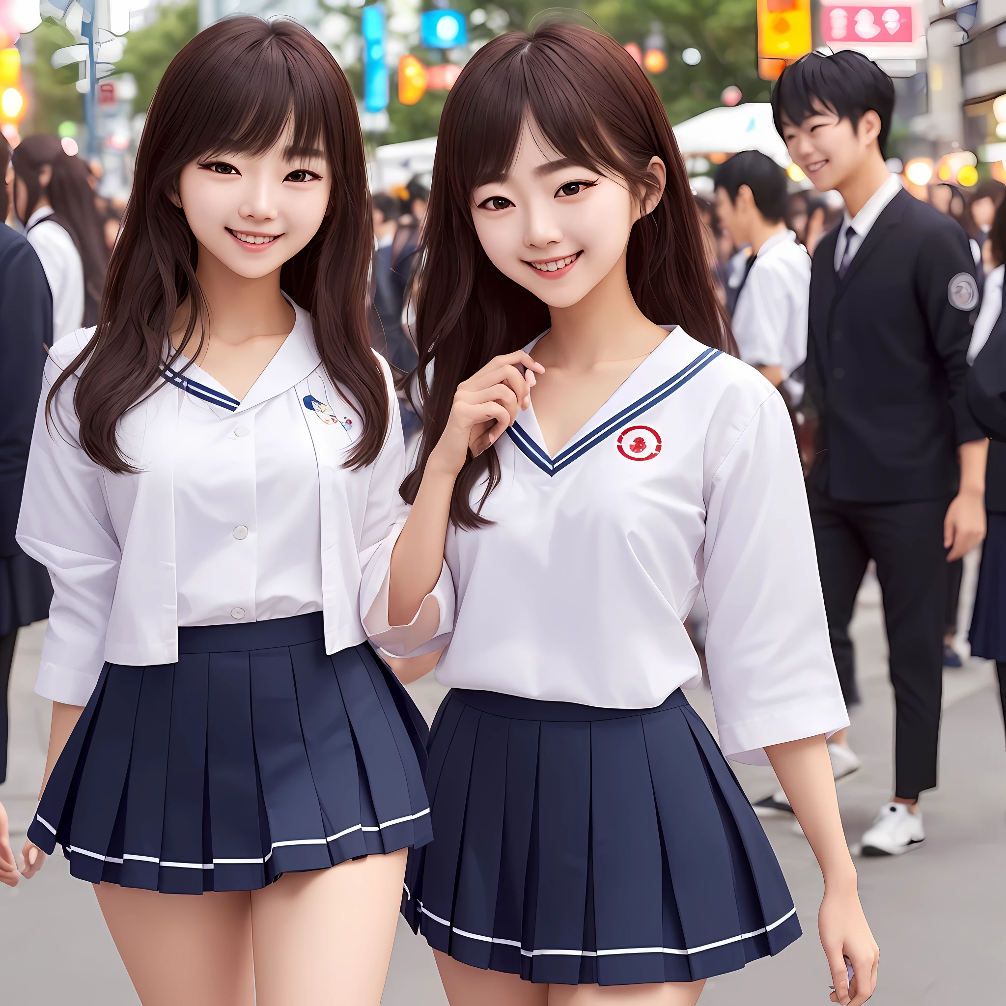 (extremely detailed CG unity 8k wallpaper), (masterpiece), (best quality), (ultra-detailed), (best illustration), (best shadow), (photorealistic:1.6), real human skin, lens flare, shade, backlighting, bloom, depth of field, natural lighting, hard focus, film grain, look at the viewer, asian, kpop idol:1.2, mix4, 1 girl, 21 yo, solo, skinny, pale skin, soft lips, (light eyebrow:1.4),shiny brown eyes, black straight hair, small breasts, beautiful detailed sky, street(crowd:1.2), night, (nose blush),  beautiful detailed eyes, white japanese school uniform, sailor suit, black pleated skirt, stockings, sneakers, happy, smile