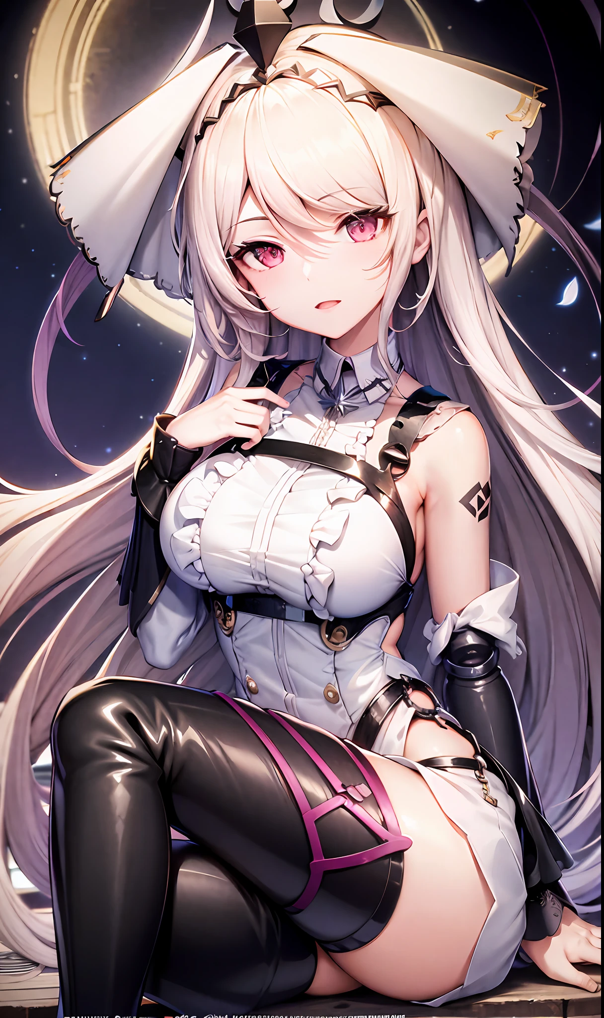 anime girl with long white hair and black and white outfit sitting on a ledge, best anime 4k konachan wallpaper, from the azur lane videogame, azur lane style, characters from azur lane, seductive anime girl, from girls frontline, twintails white_gloves, nightcore, biomechanical oppai, blonde anime girl with long hair