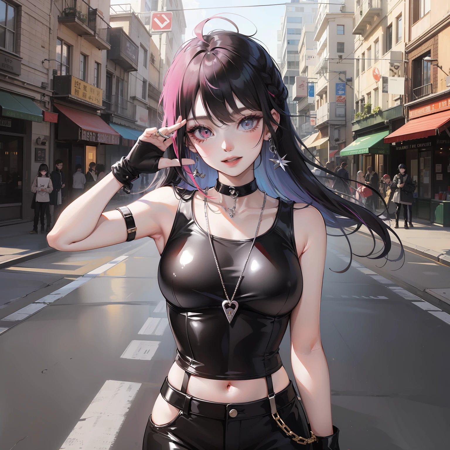 Crayon young delinquent image: with cool hair, wearing black leather clothes, wearing a variety of metal ornaments, sharp eyes, strong aura. Mischievous personality, but kind and honest heart.