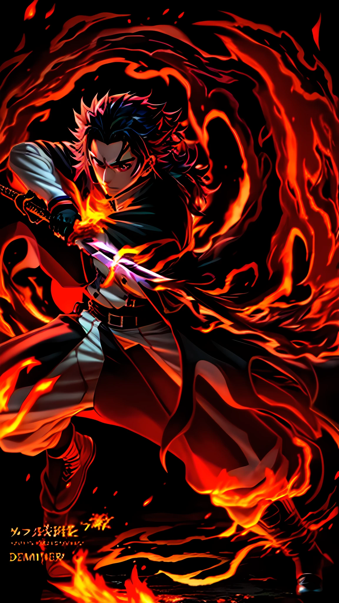 anime character with a sword in front of a fire background, blazing infero, demon slayer artstyle, fire!! full body, demon slayer rui fanart, key anime art, handsome guy in demon slayer art, kimetsu no yaiba, official art, tanjiro kamado, fire behind him, official fanart, demon slayer, high quality fanart
