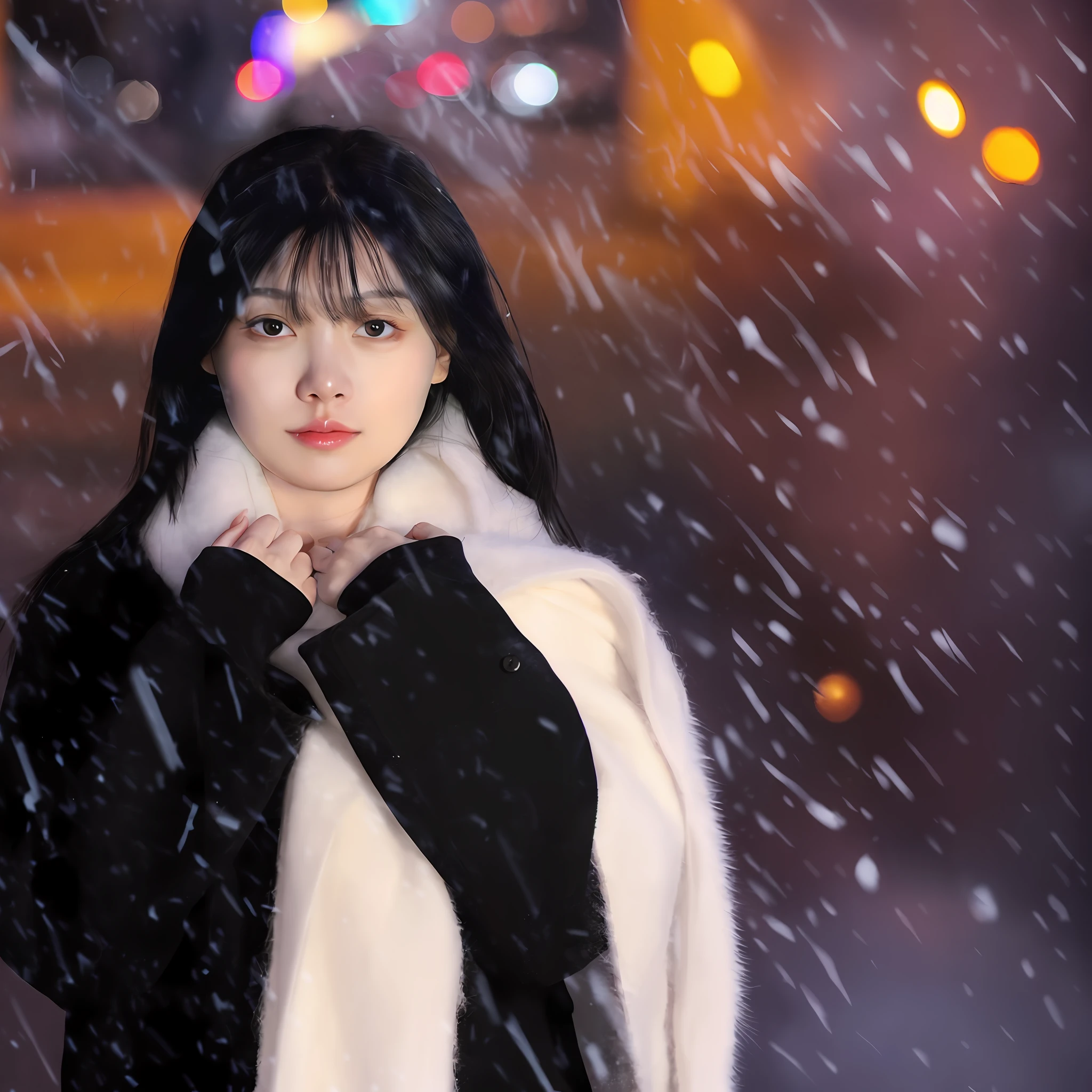 araffe woman in a black coat and white fur coat standing in the snow, snowing, portrait jisoo blackpink, iu lee ji-eun as a super villain, jinyoung shin, 8k artgerm bokeh, jisoo from blackpink, portrait of jossi of blackpink, kim doyoung, in snow, snow fall, snowfall, bae suzy