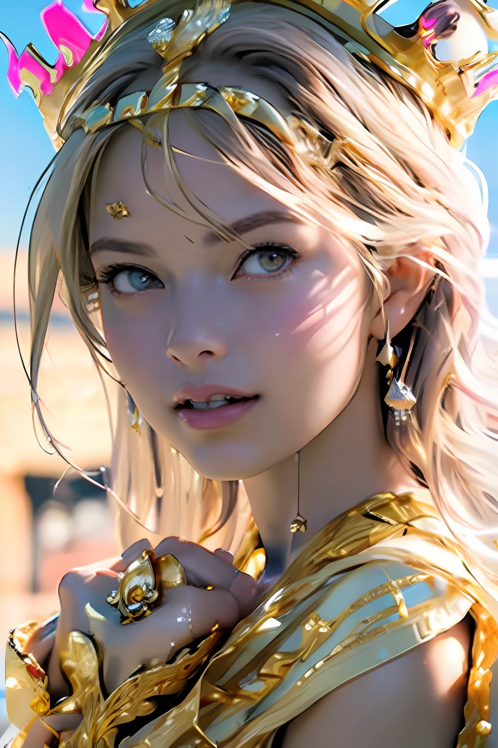 Ultra-detailed complex 3D rendering of the face, (masterpiece, top quality, octane rendering,), glamour shots, full body image, very beautiful young elves, cleavage, (highly detailed skin: 1.2), (exposure: 1.1), ((gold micro bikini studded with jewels: 1.95))))). 40k, (((very soft breasts)), (((noticeable large pink areola)), beautiful Caucasian woman with full soft breasts and dark skin with big buttocks, one, long braided hair, big breasts, dynamic angle, (((huge breasts: 2.4)), ultra-realistic photos, ((((blonde))), futuristic urban background, facial muscles, (((((detailed and glamorous gold crown)))), In the style of Marvel Comics, ArtStation Trends, Clear Focus, Intricate Detail, Highly Detailed, Detailed Red Eyes, Very Detailed, Sharp Focus, Digital Rendering, Professional, Abs, Lip Gloss, Glossy Skin,