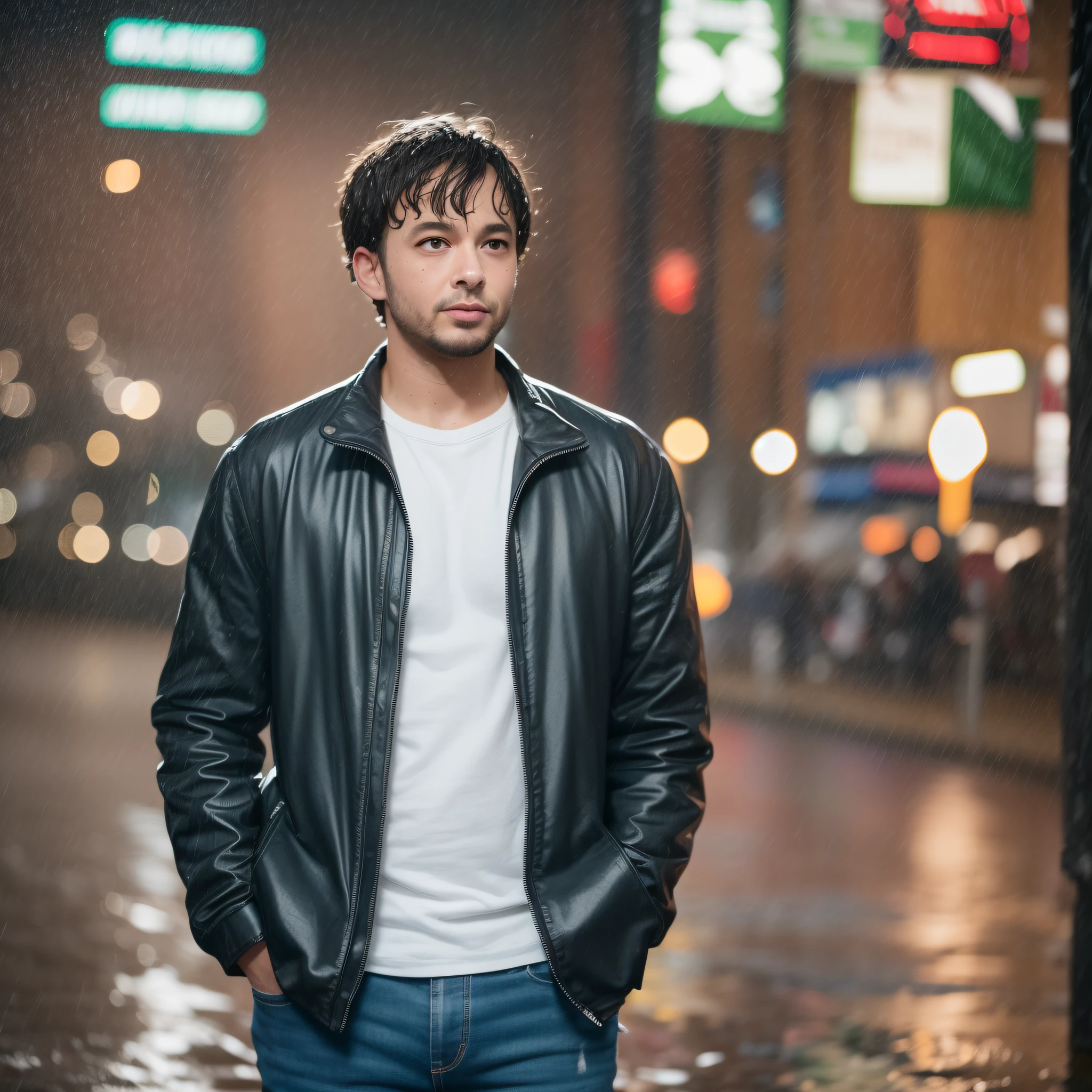 Brent correct under heavy rain on a summer night. wet hair. wet clothes. standing under a street lamp on a quiet street