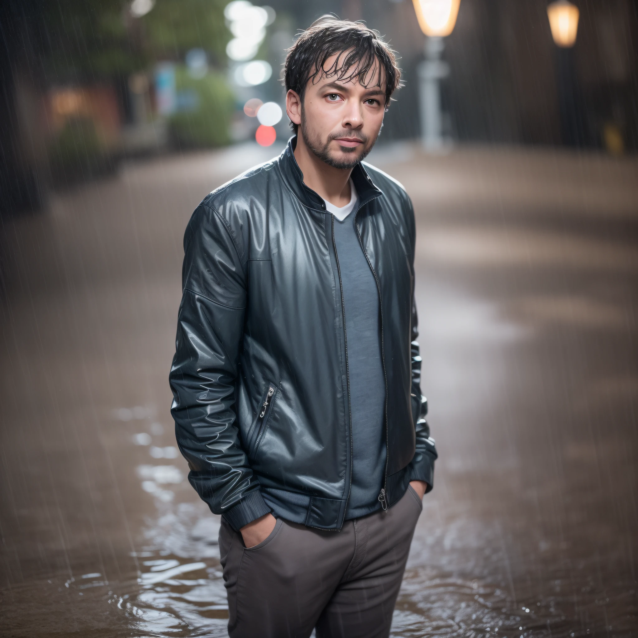 Brent correct under heavy rain on a summer night. wet hair. wet clothes. standing under a street lamp on a quiet street