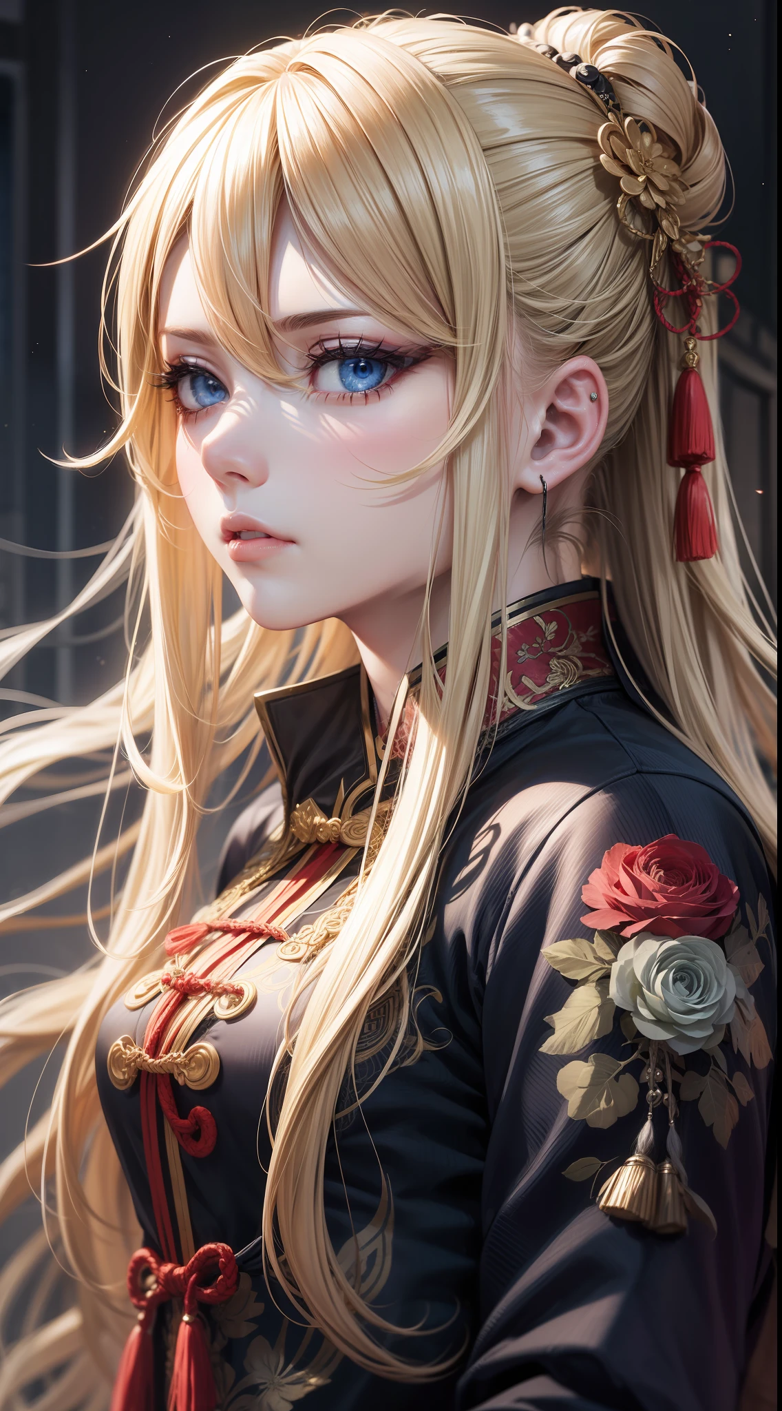 Adult girl, long blonde hair with white strands, blue eyes, black Chinese clothes, serious look, masterpiece, high quality