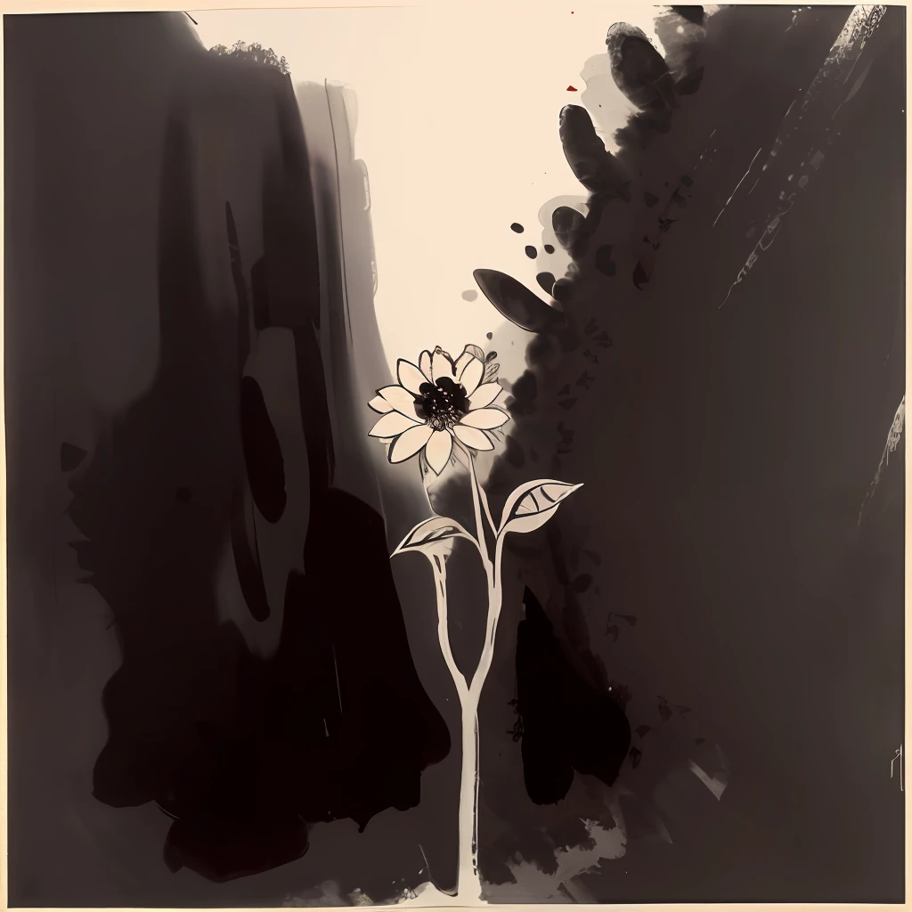 shukezouma, negative space, shuimobysim, flower branch, traditional Chinese ink painting, sunflower