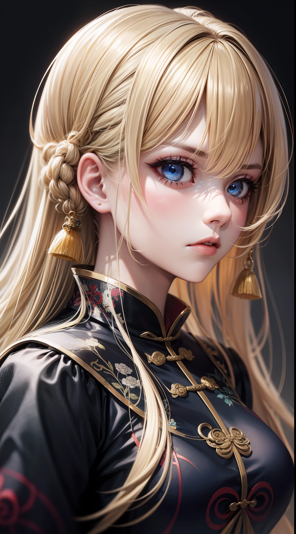 Adult girl, long blonde hair with white strands, blue eyes, black Chinese clothes, serious look, masterpiece, high quality