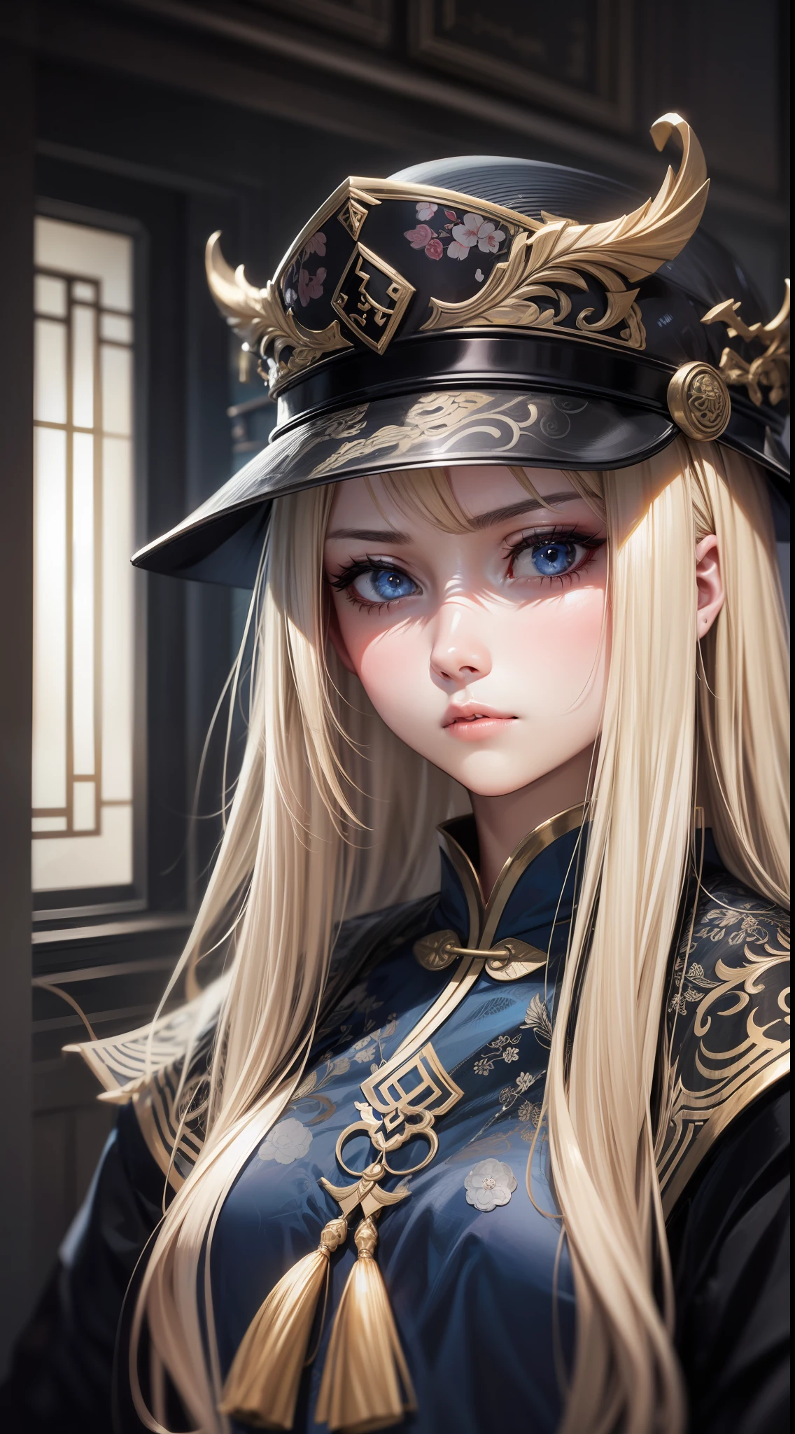 Adult girl, long blonde hair with white strands, blue eyes, black Chinese clothes, serious look, masterpiece, high quality