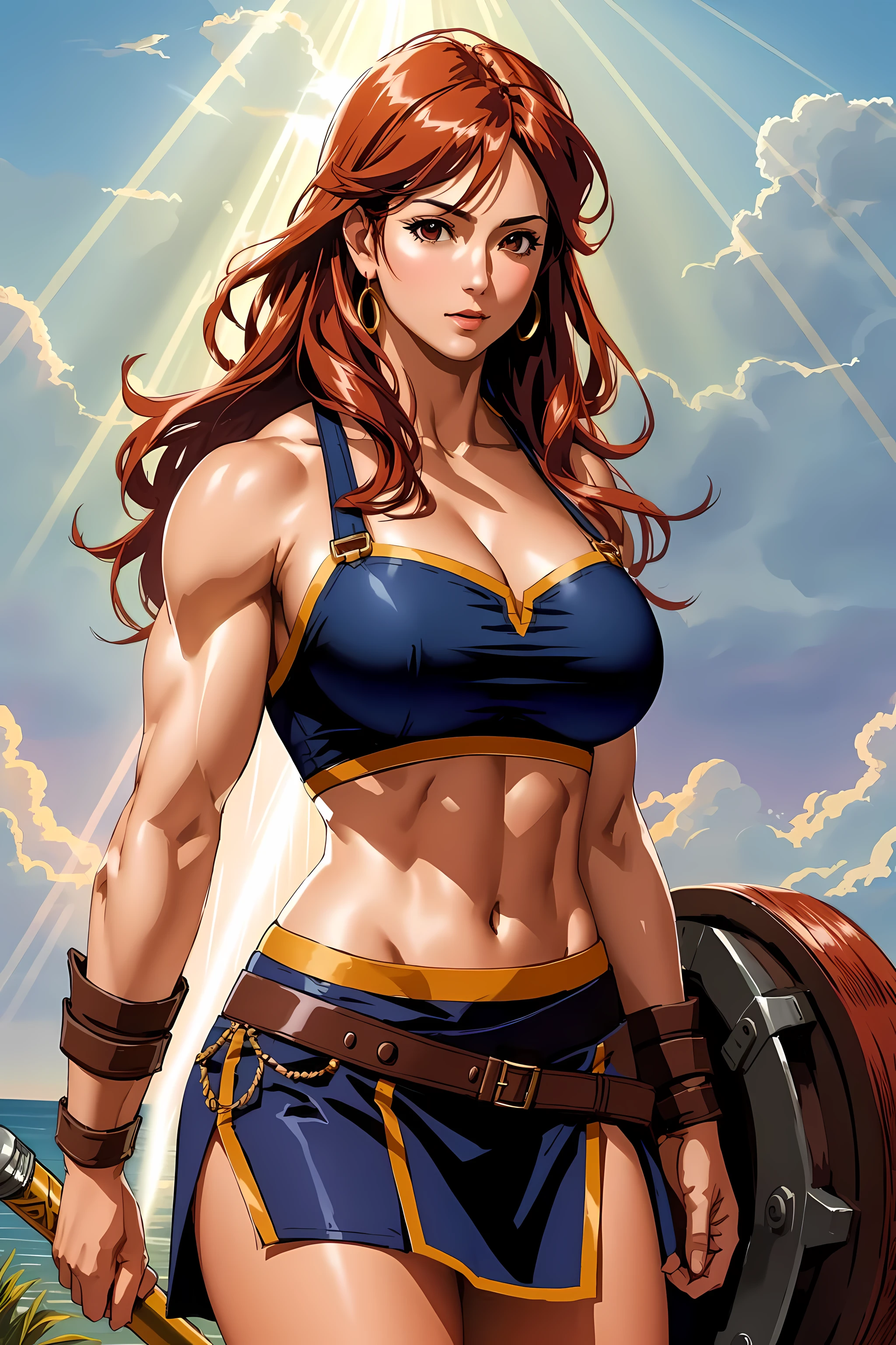 barbarian, vivid hair, pencil skirt, blouse, light rays, god rays, muscular, realistic,