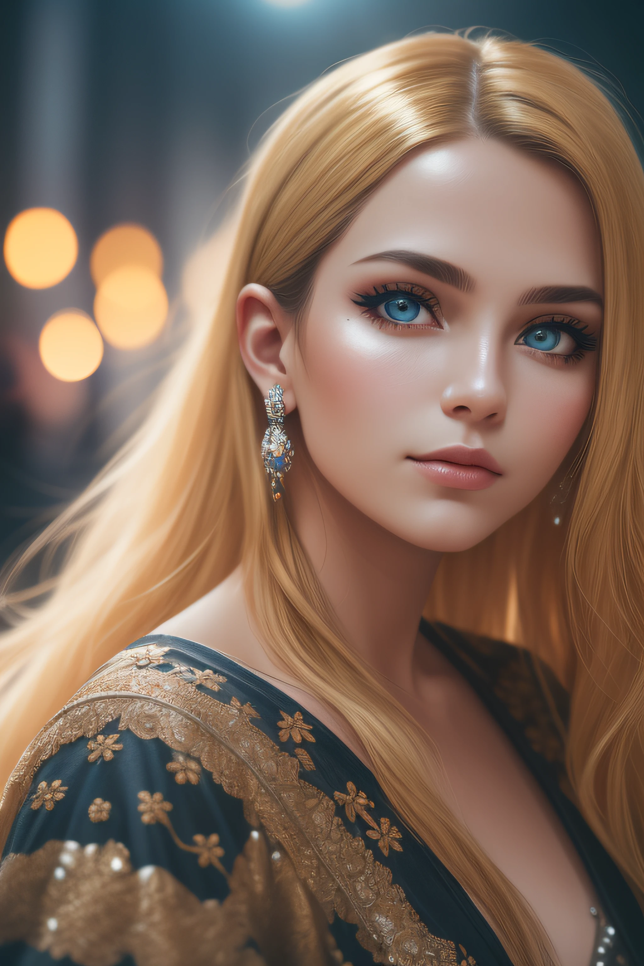 At night, RAW photo, (((extremely beautiful portrait))), ((glistening skin)), 1girl, 31 years old girl from Prague, ((natural blonde hair)), [blue eyes], long hair, eyeliner, fluttering hair, vibrance, ((masterpiece, best quality, hyper detailed, Cinematic light, intricate details, highres, 8k, extremely detailed)), detailed background, 8k uhd, dslr, soft lighting, high quality, film grain, Fujifilm XT3, shallow depth of field, natural light, (perfect hands), perfect face, view from a distance