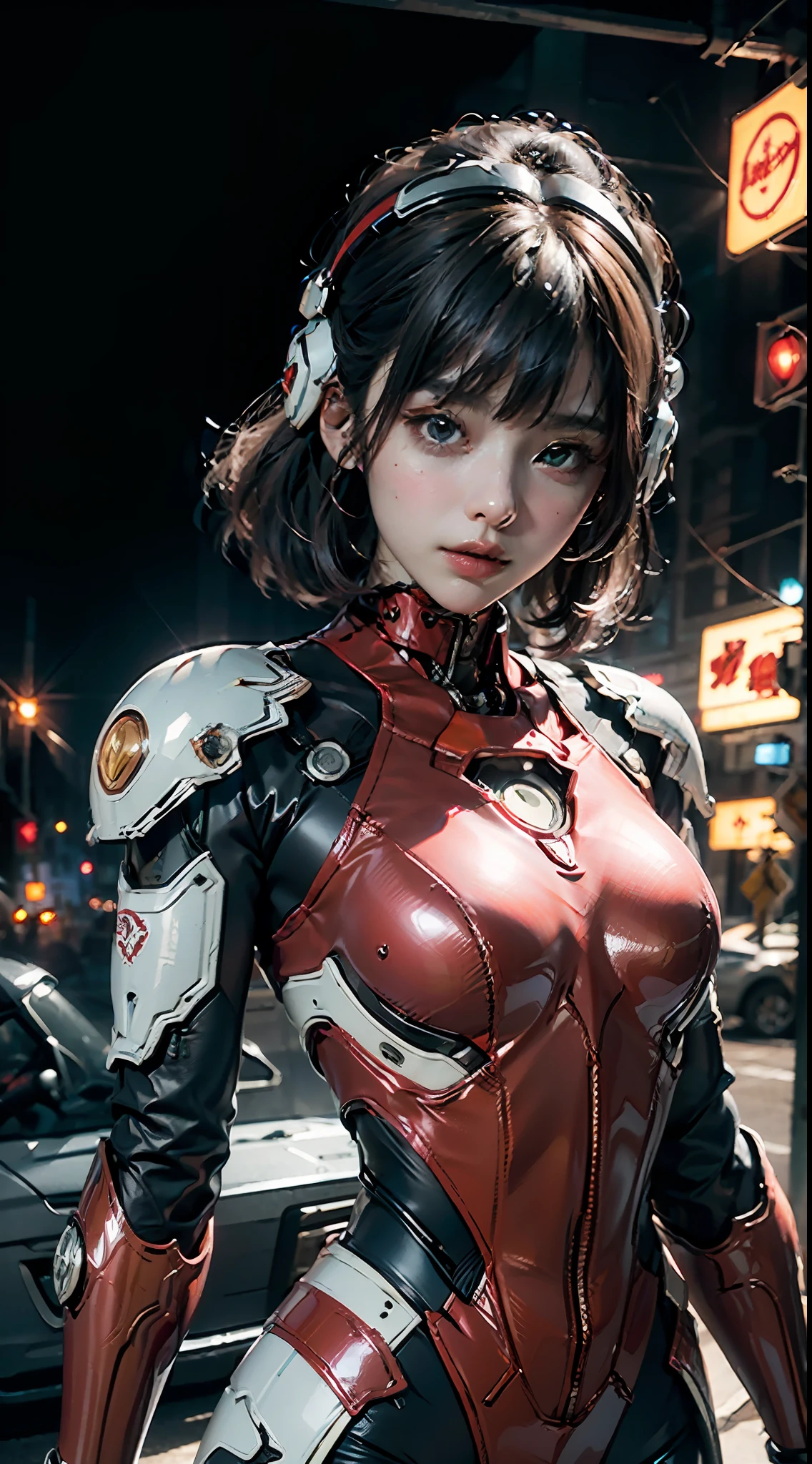 Highest image quality, outstanding details, ultra-high resolution, (fidelity: 1.4), the best illustration, favor details, highly condensed 1girl, with a delicate and beautiful face, wearing a red mecha, wearing a mecha helmet, holding a direction controller, riding on a motorcycle, the background is a high-tech lighting scene of the future city.