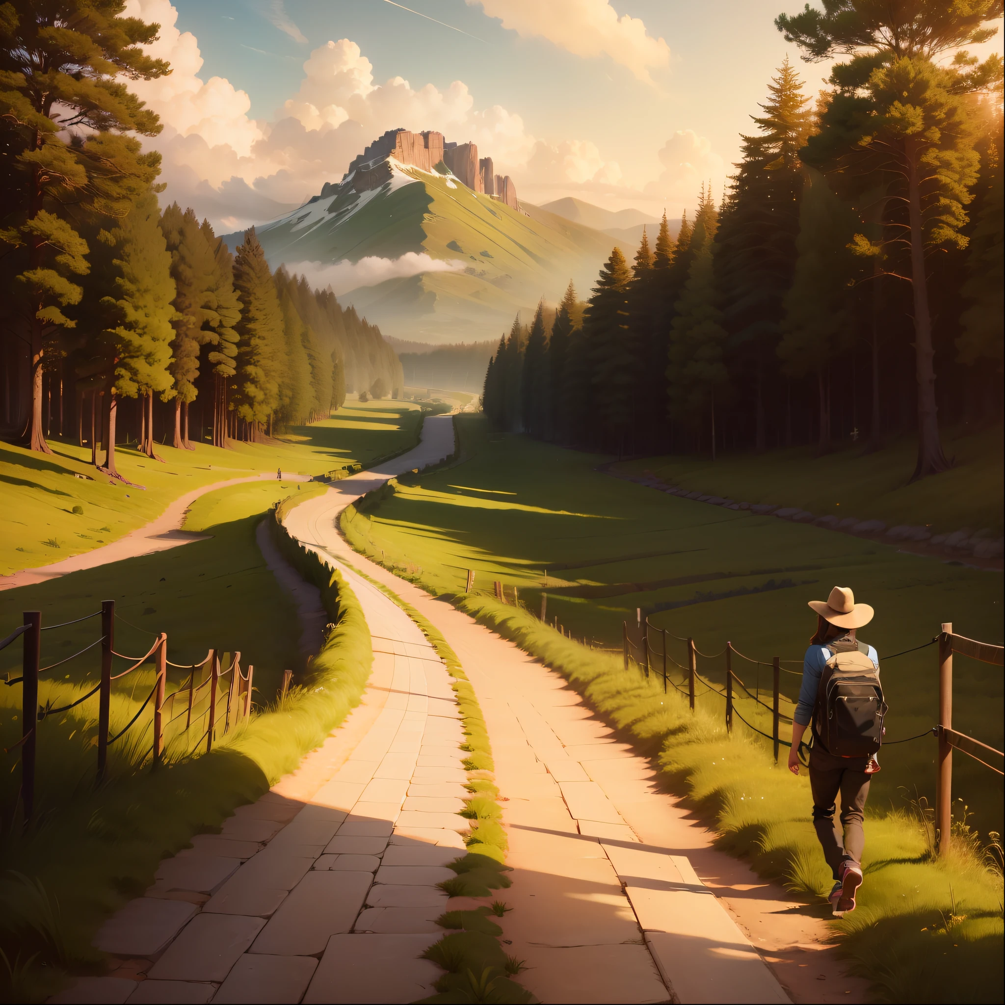 man, landscape, nature, mountains, paths, path, path to heavens, palm trees, alone, alone, straight path, natural view, divine, clouds, cloud, heavens, sky, sun, detailed sky, path to, back, manly, manly, manly, vigorous, strong, well dressed, tunic, decent, walk, run, path, beauty path, life path, nature, beautiful place, paradise, back, walking, sky, God, Heavens, nature,  nature, forest, forests, straight path, towards the heavens, heavenly, looking straight path, towards photorealism, photorealistic, ultra hd, 4k, detailed textures, futuristic colors, detailed colors,