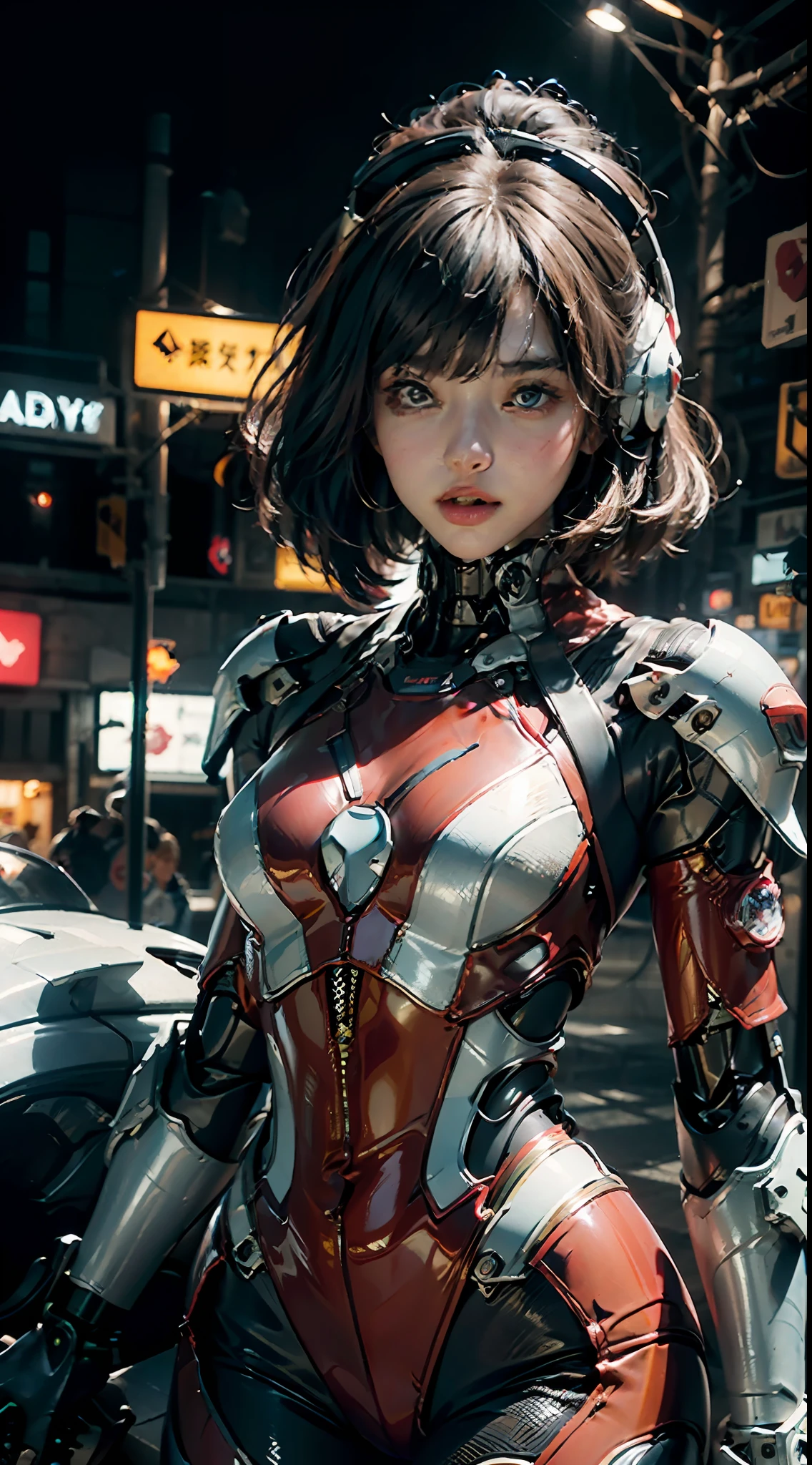 Highest image quality, outstanding details, ultra-high resolution, (fidelity: 1.4), the best illustration, favor details, highly condensed 1girl, with a delicate and beautiful face, wearing a red mecha, wearing a mecha helmet, holding a direction controller, riding on a motorcycle, the background is a high-tech lighting scene of the future city.