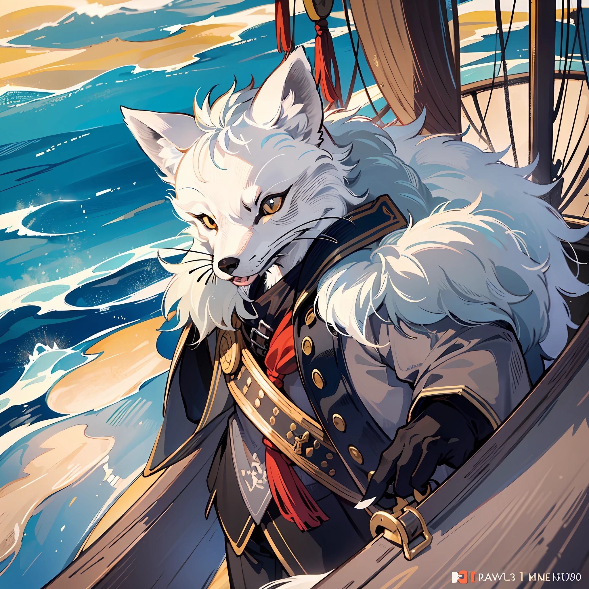 high detail, hyper quality, high resolution, 1080P, solo, furry, (male arctic fox: 1.5), (gray fur: 1.3), gray skin, gray ears, golden eyes, sharp claws, (fluffy tail: 1.2), wearing pirate clothes, wearing pirate hats, on a huge sailing ship, detailed background
