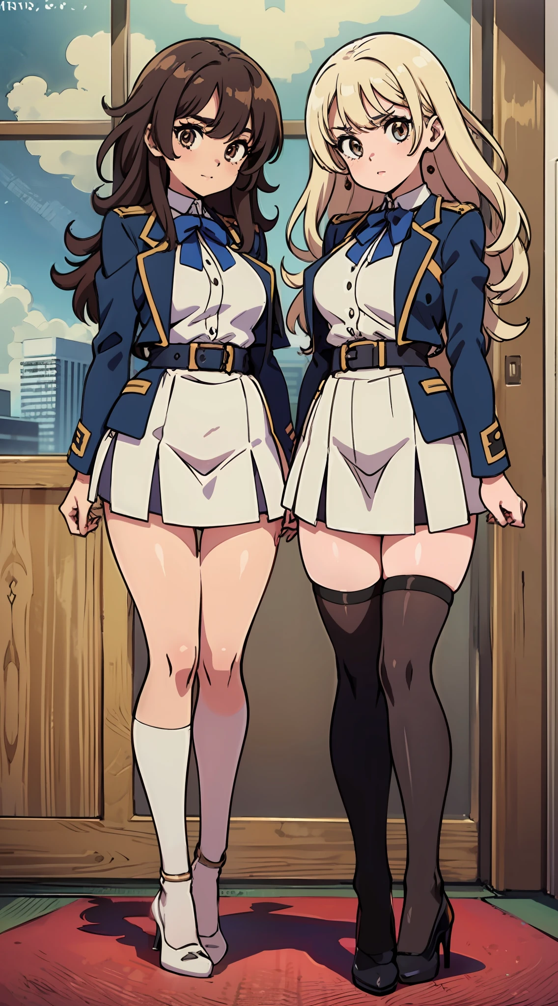 an anime style picture of the two fraternal twin sisters in the short skirts and white thigh high socks and high heels, 2girls, twins, hazel eyes, brown curly hair, blonde curly hair, ((1 blonde girl, 1 brown haired girl)), duo, gray blazer, gray skirt, black high heels, uniform, highly detailed face, perfect feet, portrait, full body, matching outfits, matching hairstyles