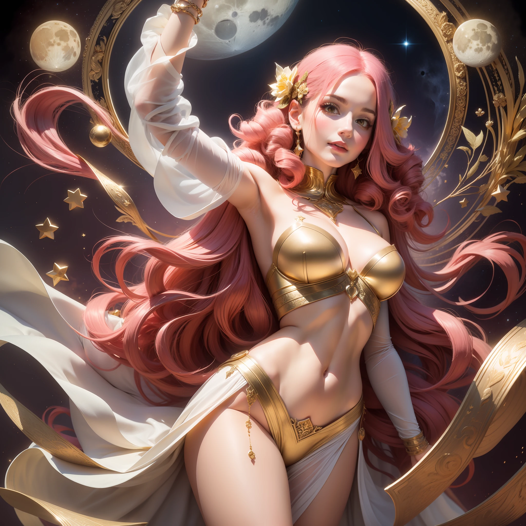Goddess Aphrodite, pink hair, curly hair, chiton clothes, long white clothes, gold details, glorious pose, colorful hearts, night, moon, stars, bright, illuminated