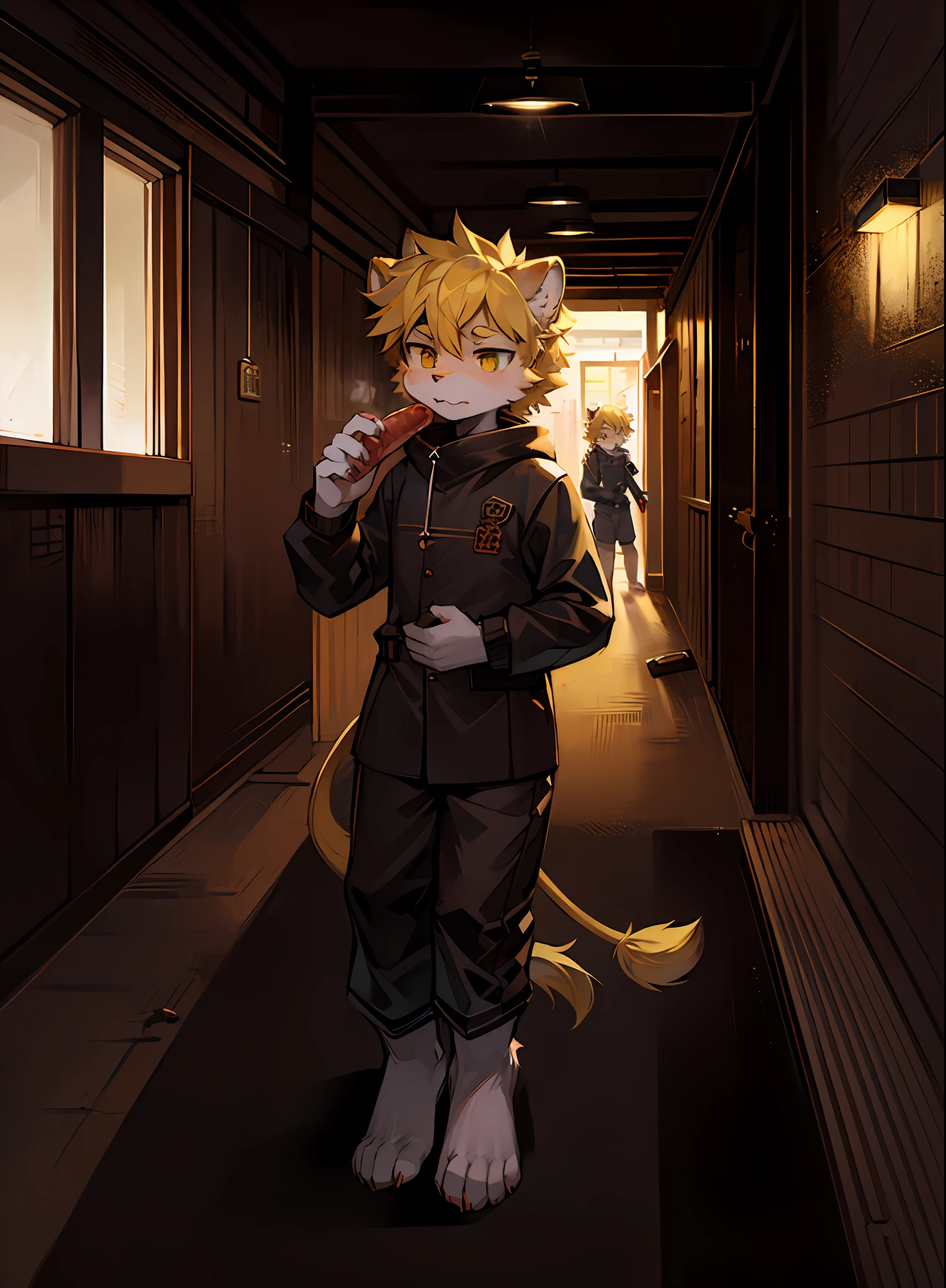 (Dark environment: 0.8), Lion Clan, Shota Ko, Furry ,,,, Very Fluffy, Small Ears, Long Tail, Barefoot, Holding a Pistol, Wearing Black, Yellow Hair, Sneering, Meat Mat,