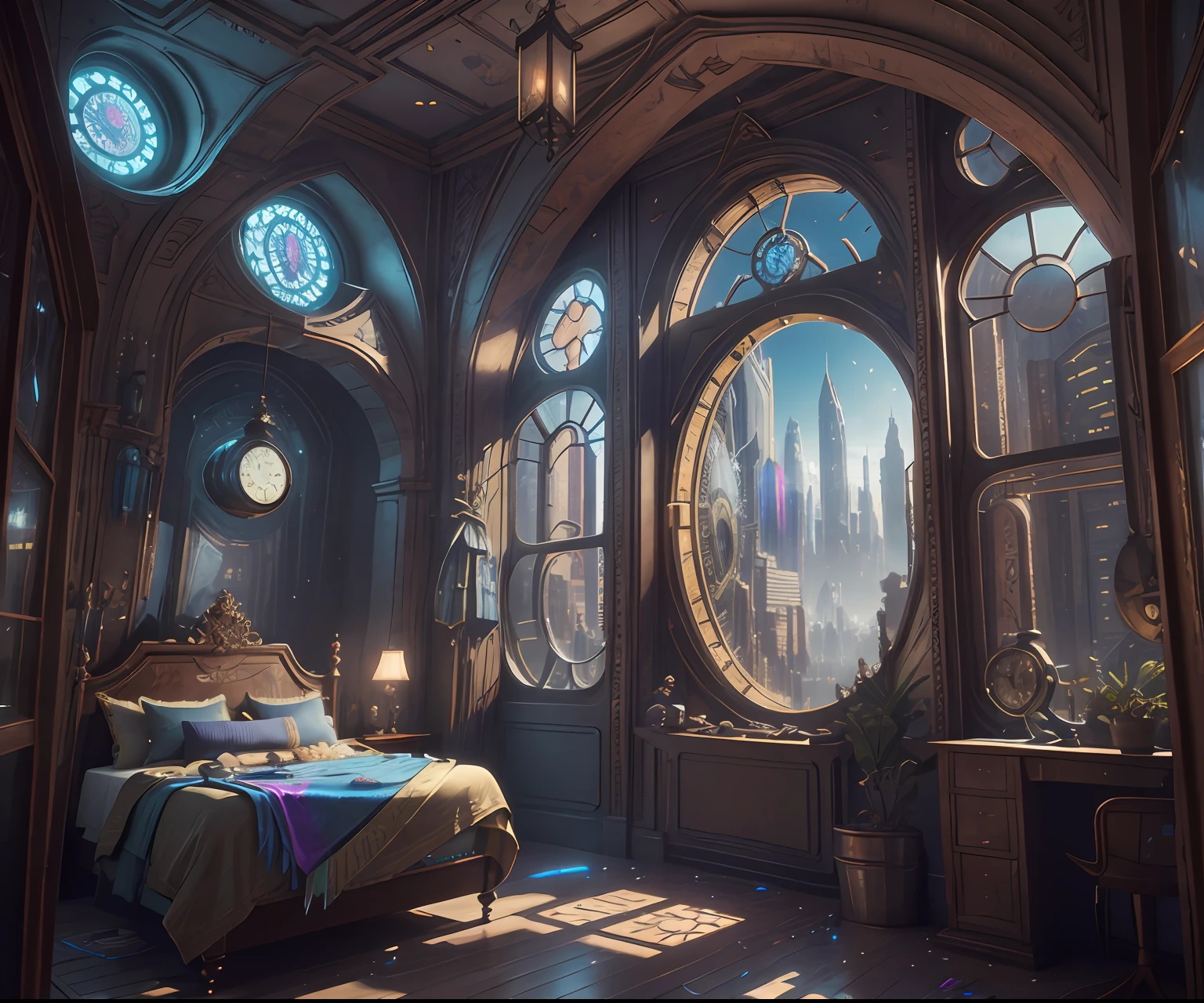 There is an ornate bedroom in the style of Versailles with a big historical window. Through the window is a hyperrealistic cyberpunk dreamscape cityscape. The cityscape is extremely detailed and rainbow, with many lights and colors and buildings of many different sizes. The cityscape has rainbow colors and has flying steampunk dirigibles. A giant steampunk grandfather standalone clock can be seen ((through the window)). The entire artwork is very realistic with many small details and enhancements. 3D render beeple, artstation and beeple highly, in fantasy sci-fi city, inspired by beeple, 8k, unreal engine unity CGI. Masterpiece and popular.