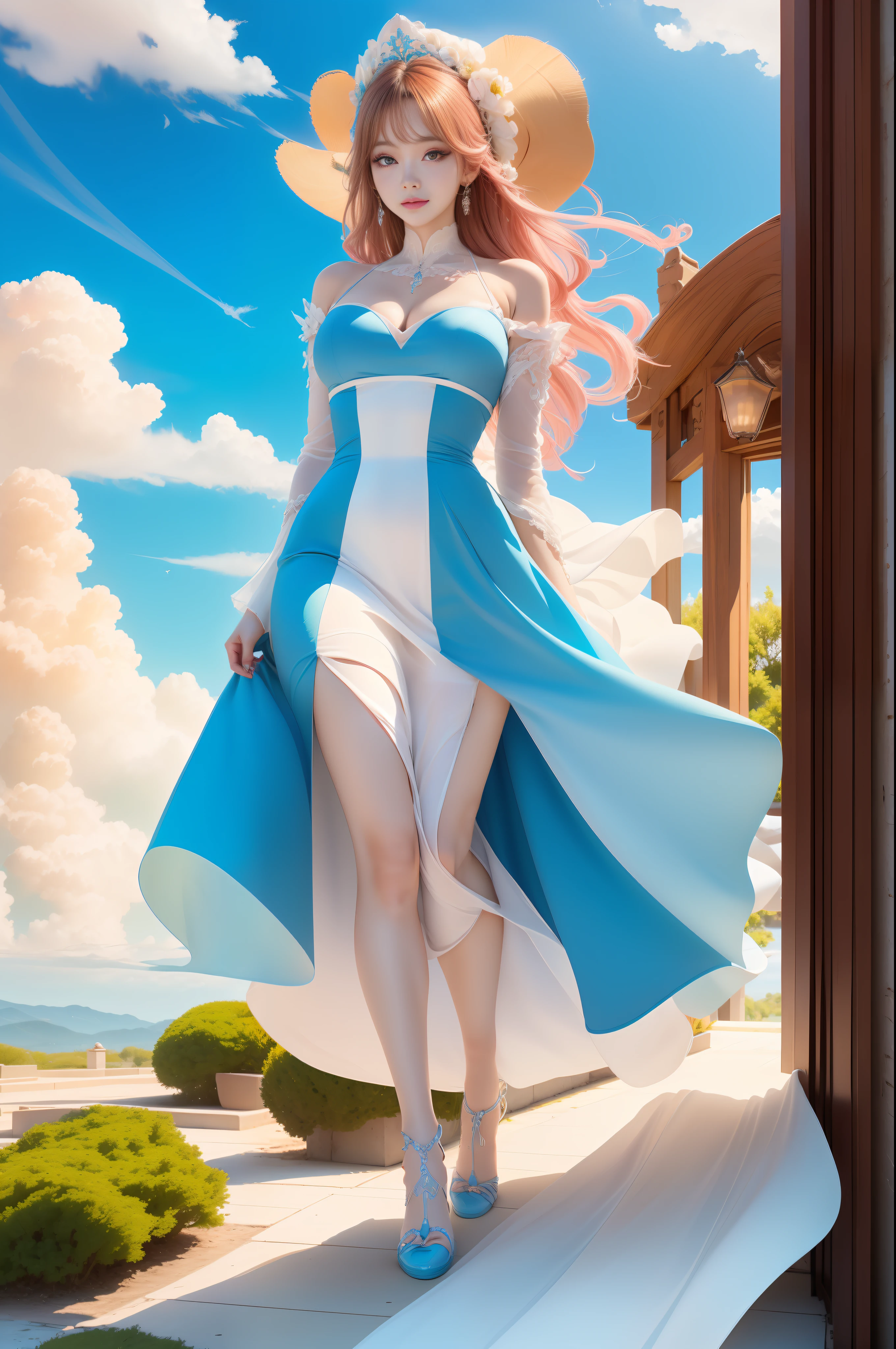 (8k, RAW photo, photorealistic:1.25) ,( lip gloss, eyelashes, glossy side, shiny skin, best quality, ultra high resolution, depth of field, chromatic aberration, caustic, wide light, natural shadow, headwear, kpop idol) ,light pink and blue style, 1girl, (blue sky: 1.5), tall and thin beauty goddess, flowing dress, conservative girl, cloud goddess, flowing white fabric, wearing a flowing dress, realistic, (blue sky and white clouds in the background: 1.4), (wind: 1.5), (full body: 1.5), right leg in front,
