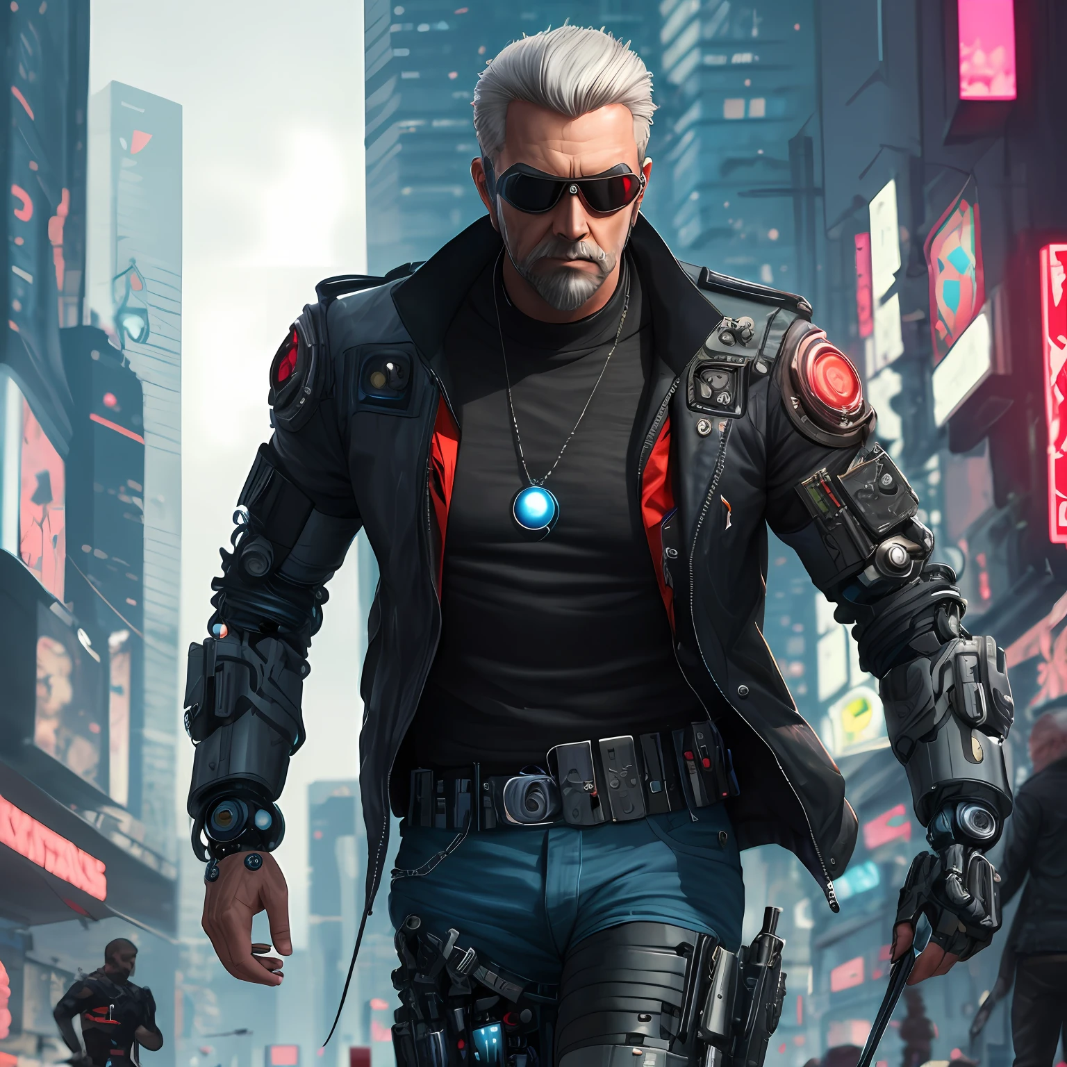 A general in the world of cyberpunk with a bionic eye, with gray hair and a bigger beard --auto