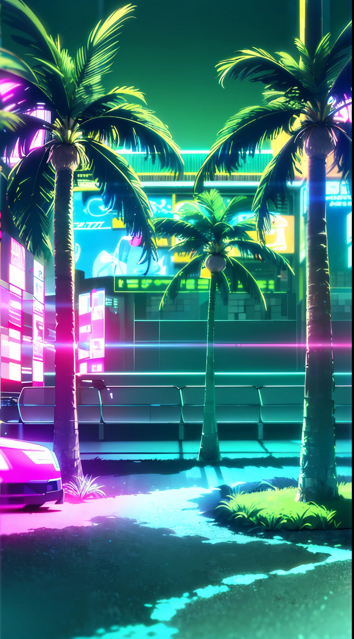 (masterpiece, detailed, high resolution:1.4), cyberpunk, cyberpunk 2077, cyberpunk night city neon background, sea, beach, palm trees, green-blue glitch effect, violet-pink neon glow, fluorescent yellow, light green, purple, mint