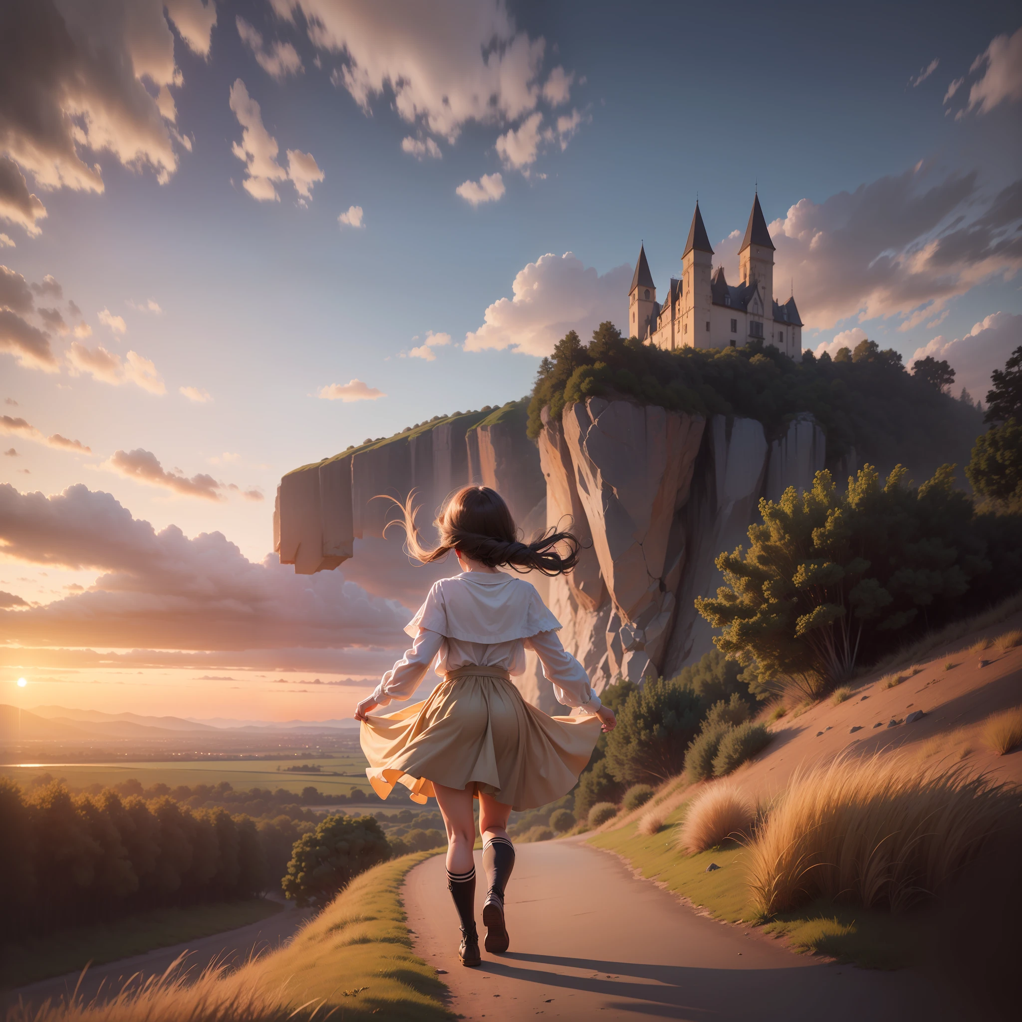 A girl on a cliff open arms,sunset,photo taken near the ground, ecca grass ((realistic photo))