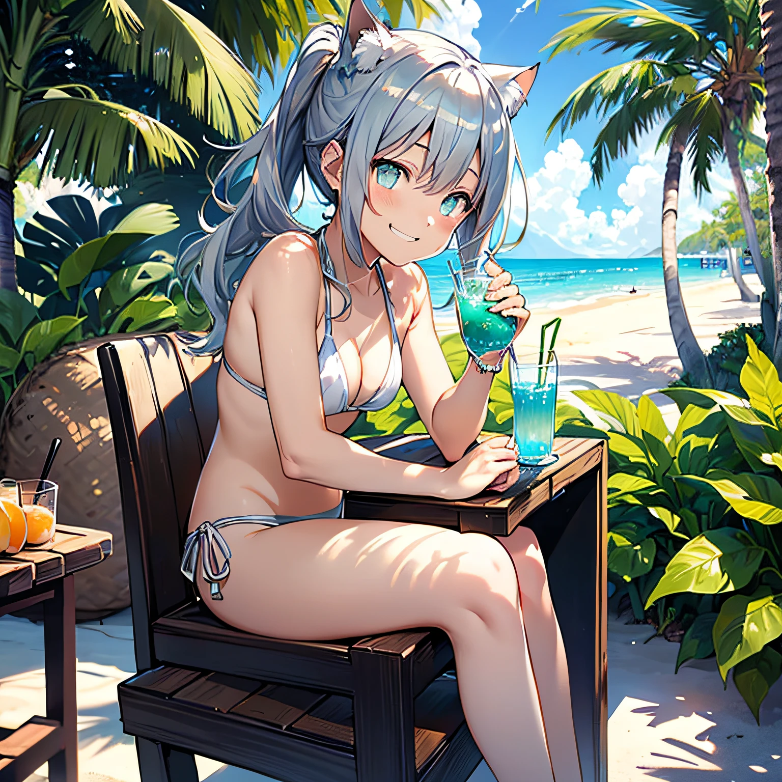((Masterpiece)), ((Squat)), (Sit on a white beach chair and drink tropical juice), (((Metallic White Bikini)), Cat-eared girl, Long-haired, Ponytail, (Silver-haired), Sad smile, Aqua Eyes, Small, , Noon, Sunshine, Seaside, Fantastic sky