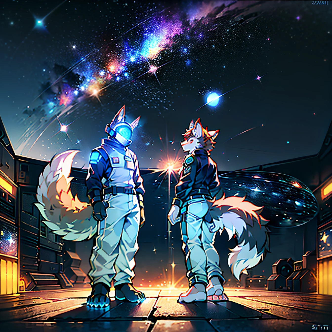 (High quality, sci-fi scenery and shadow, ray tracing, particle effects, ultra definition) ((cat ear shotai boy + super large wolf tail: 1.2 + big long ears: 1.1), (sci-fi style white luminous pants + fur white + yellow + blue intertwined luminous clothes), (future sci-fi naval war command uniform), (beast-type feet + space helmet)), (mysterious heroic strong and cute temperament))