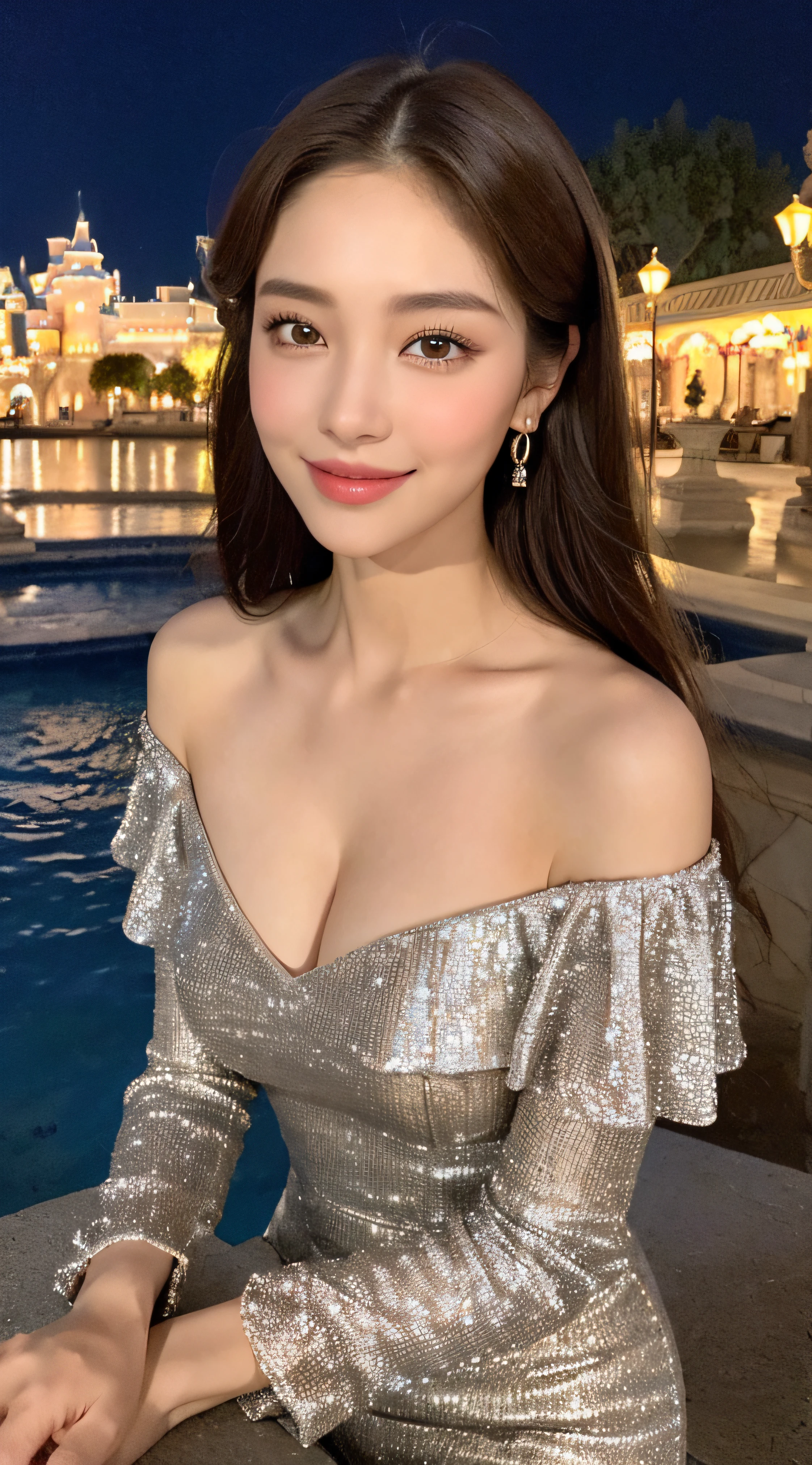 ((Night Scene, Realistic Light, Best Quality, 8k, Masterpiece: 1.3)), 1 Girl, Slim Body Beauty: 1.4, Brown Hair, (Big: 1.3), Off Shoulder Cut Top: 1.3, Ultra Detailed Face, Detailed Eyes, Double Eyelids, Disneyland, Fountain, Castle, Fireworks, Smile, Cleavage