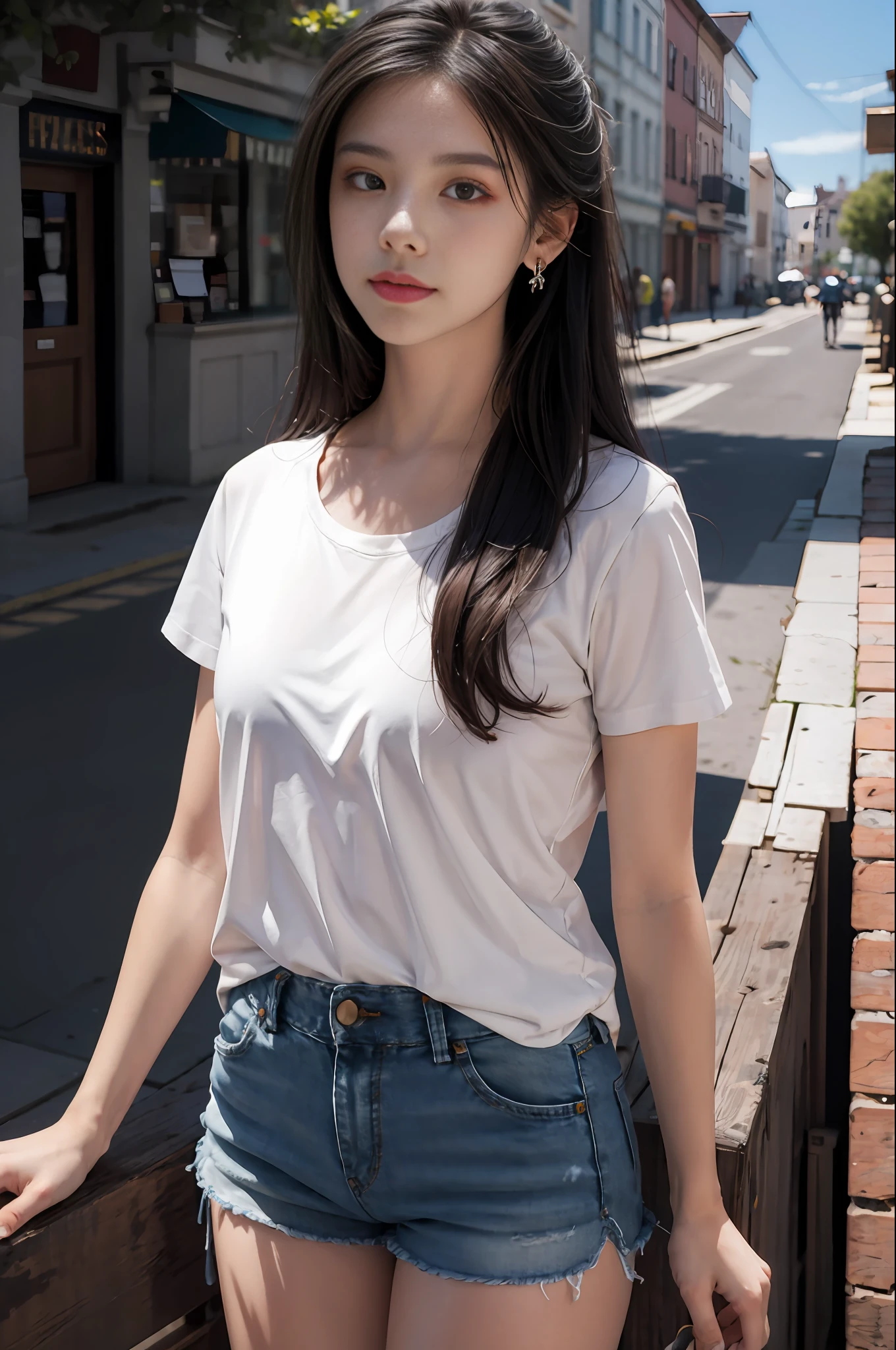 Best quality, masterpiece, super high resolution, (realistic: 1.4), original photo, (evening street), 1 girl, black eyes, long hair, light makeup, lips, small ears, white t-shirt, denim shorts, beauty in perfect shape: 1.4, (outdoor, seaside: 1.1), city street, super fine face, fine eyes, double eyelids, long legs