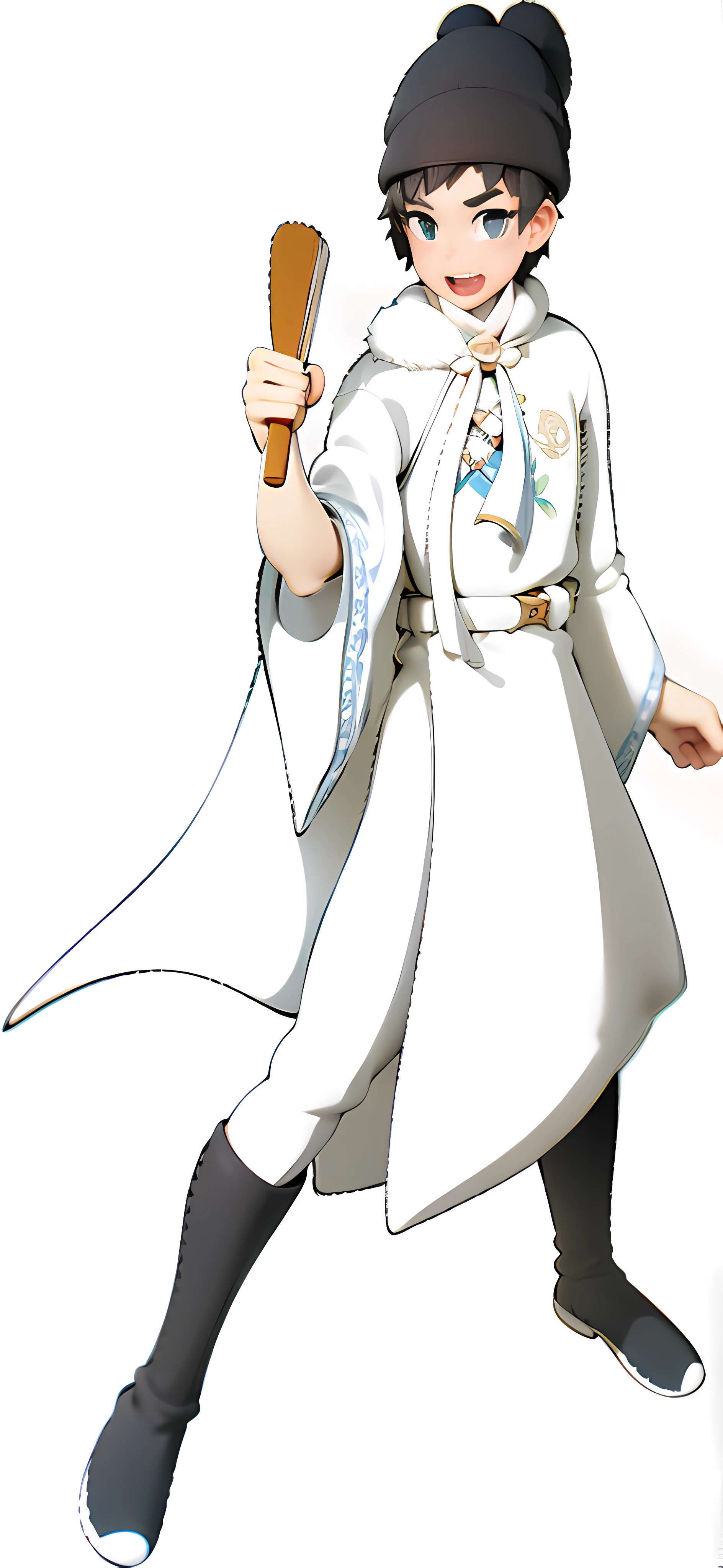 Optimized into a 3D two-dimensional dimension, the white-clothed boy holding this fan in his hand, wearing a white hood cloak, repainting light and shadow, thickly painting light and shadow, retaining the hat shape, retaining the unicorn pattern embroidery on the chest of the clothes, retaining the belt shape at the waist, and the boots highlighting the fabric texture