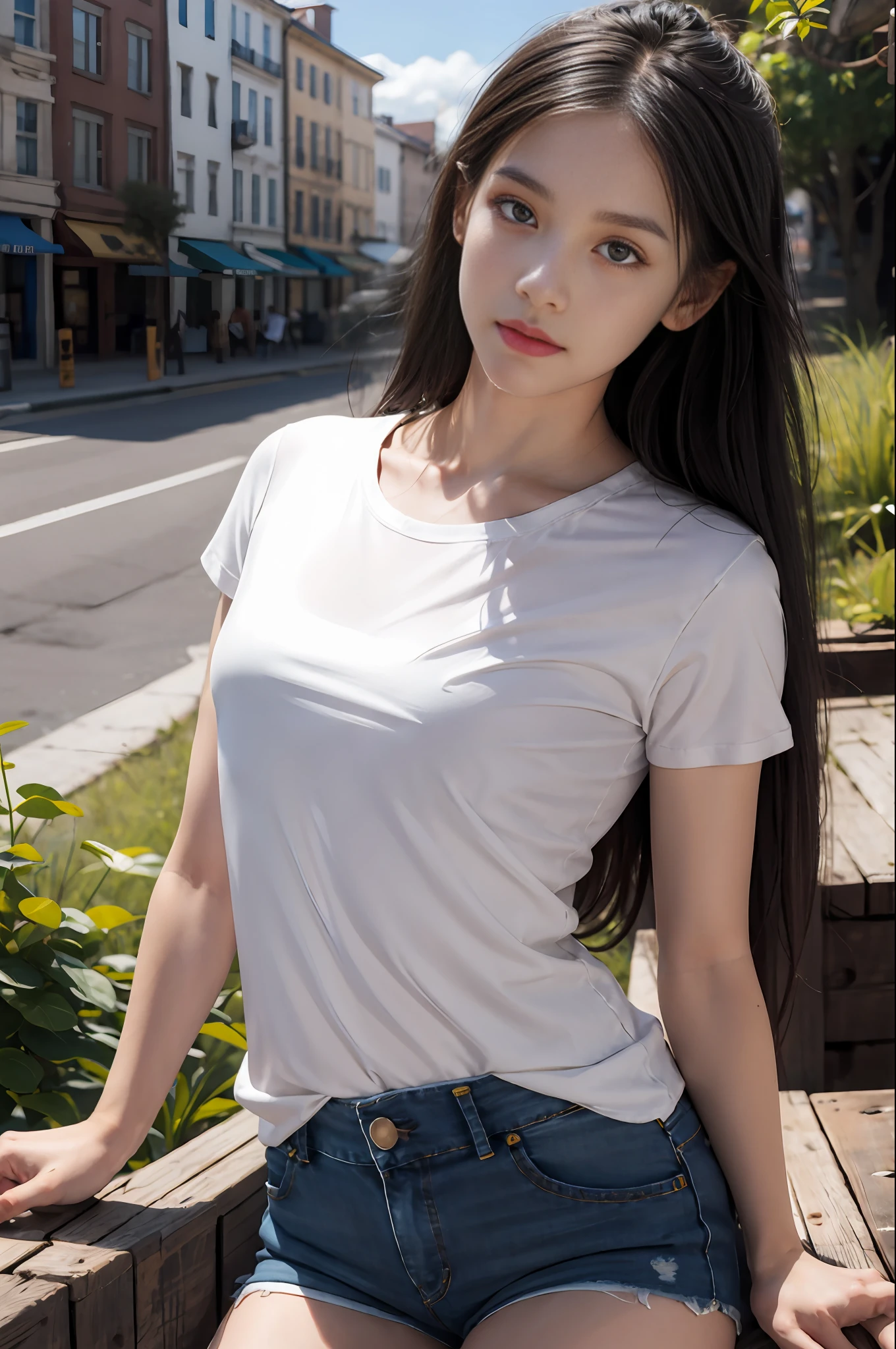 Best quality, masterpiece, super high resolution, (realistic: 1.4), original photo, (evening street), 1 girl, black eyes, long hair, light makeup, lips, small ears, white t-shirt, denim shorts, beauty in perfect shape: 1.4, (outdoor, seaside: 1.1), city street, super fine face, fine eyes, double eyelids, long legs