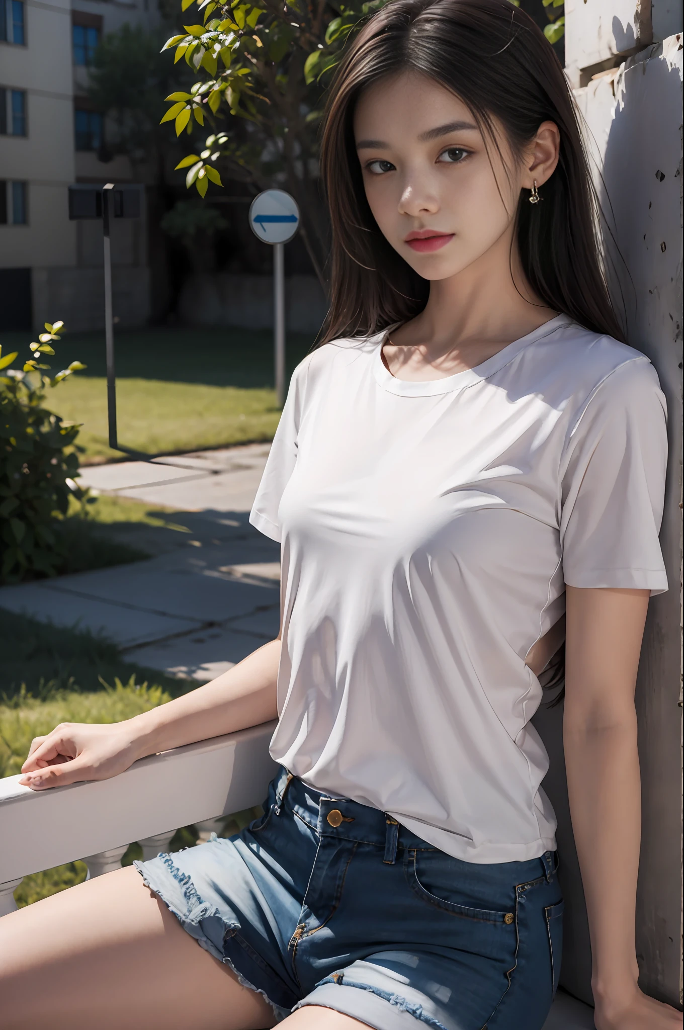 Best quality, masterpiece, super high resolution, (realistic: 1.4), original photo, (evening street), 1 girl, black eyes, long hair, light makeup, lips, small ears, white t-shirt, denim shorts, beauty in perfect shape: 1.4, (outdoor, seaside: 1.1), city street, super fine face, fine eyes, double eyelids, long legs
