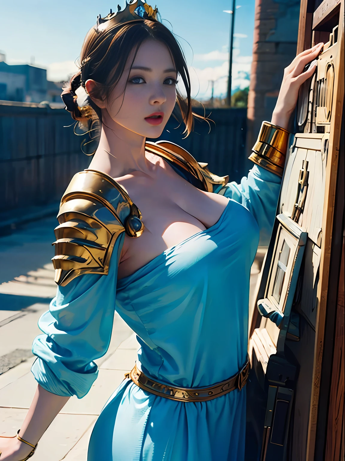 Official Art, Unity 8k wallpaper, ultra detail, masterpiece, best quality, one woman, (very detailed),(RAW photo, best quality), (realistic, photorealistic:1.3), high definition, open mouth wide, ultra-detailed complex 3D rendering of face, (big breasts: 8.8), (highly detailed skin: 1.2), (exposure: 1.1), Beautiful Caucasian woman with full soft breasts and white skin with big ass (topless), breasts, white hair, blue eyes, long hair, (translucent pink dress), dynamic angle, mystical expression, fire glow effect, fantasy background, rim lighting, side light, cinematic light, ultra high definition, 8k, film grain,best shadow, light particles, detailed skin texture, Detailed jewel armor texture, detailed face, intricate detail, super detailed, bright, strong, gold armor, cleavage, slender abs, have glowing weapons, have a shield, pole dron, ((beautiful huge crown with detail)), shining eyes, long red cloak, fantasy, (realistic),